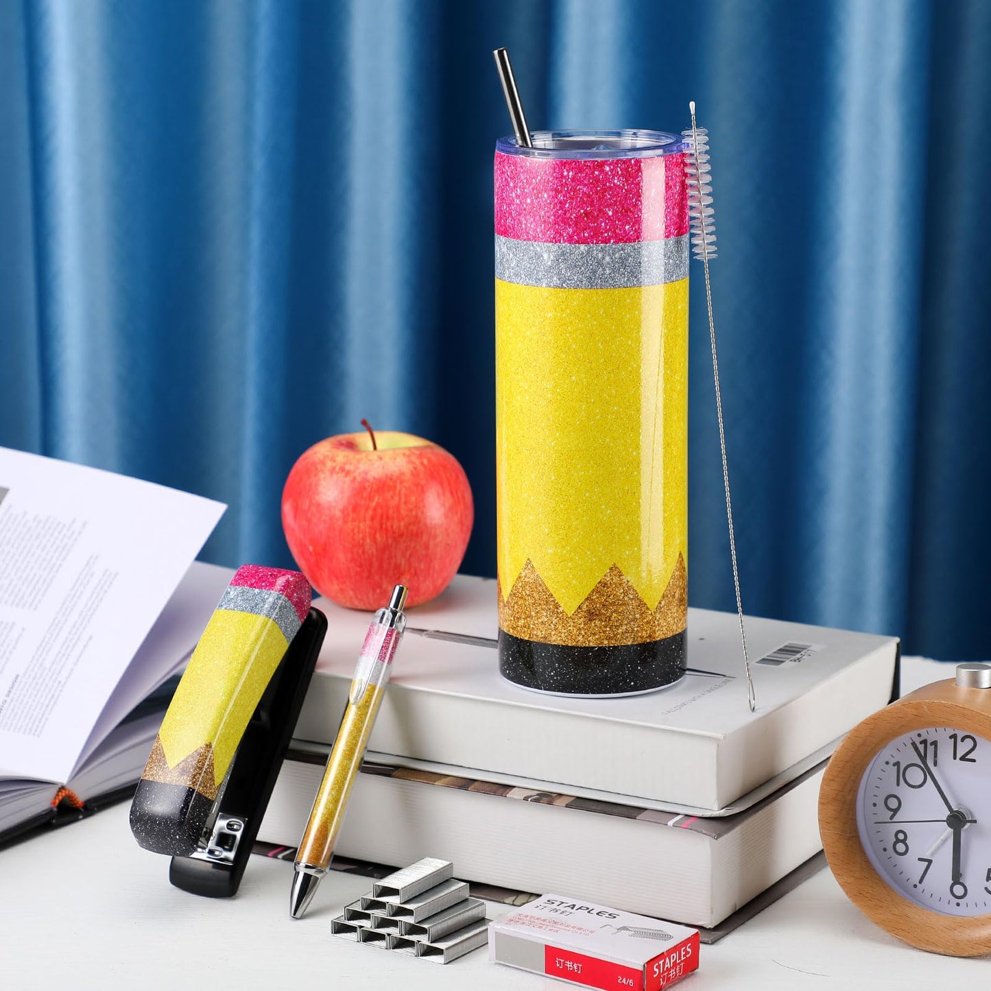 Humyoun 3 Pcs Teacher Appreciation Gifts Set Glitter Pencil Stapler Tumbler Ballpoint Pen Teacher Gift Office Supply 20 oz Stainless Tumbler Stapler with Staples for 2026 Graduation School Gift