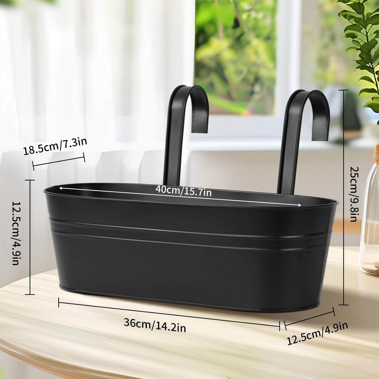 Zishine 15.7 Inch Metal Iron Hanging Flower Pots 3 Pcs Iron Railing Fence Planter with Drainage Holes and Hooks Metal Hanging Bucket Pots for Porch Railing Balcony Fence(Black) (3, Black)