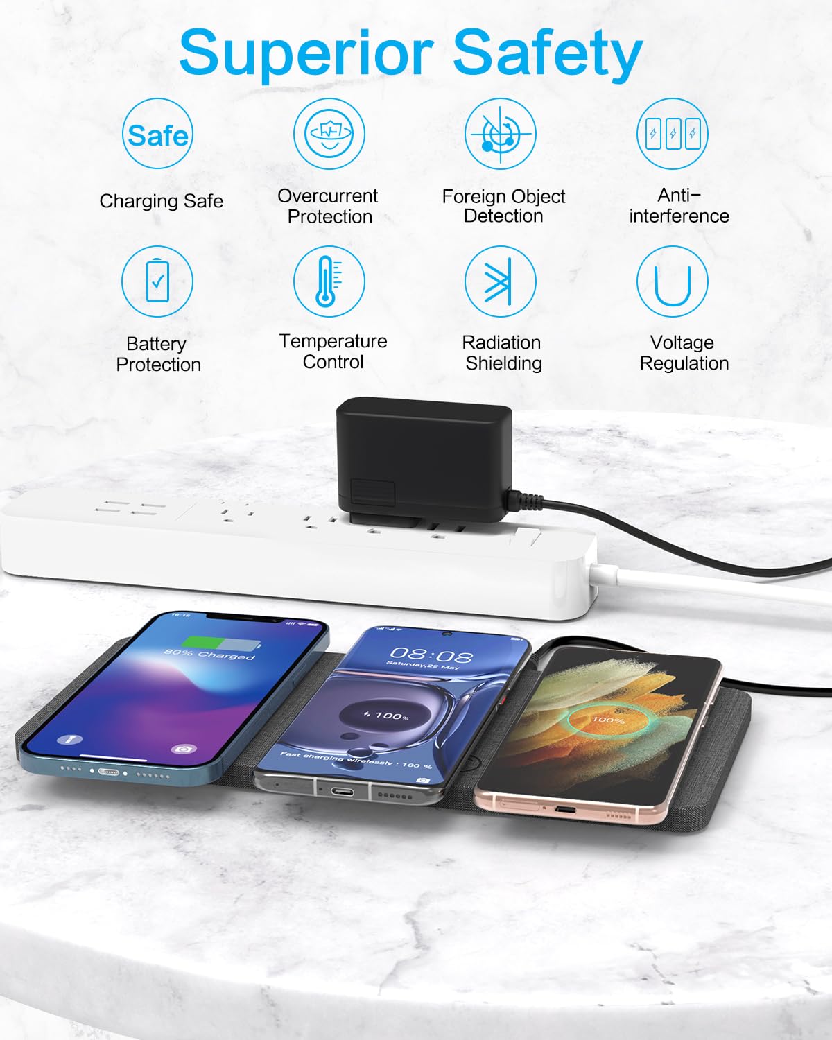ZealSound Wireless Charging Pad, 3 in 1 Charger Mat for iPhone, Samsung Galaxy, Pixel, AirPods & Galaxy Buds, 24W Adapter Included, Ultra Slim, Case Friendly, PU Leather, Home Office & Travel, Gray