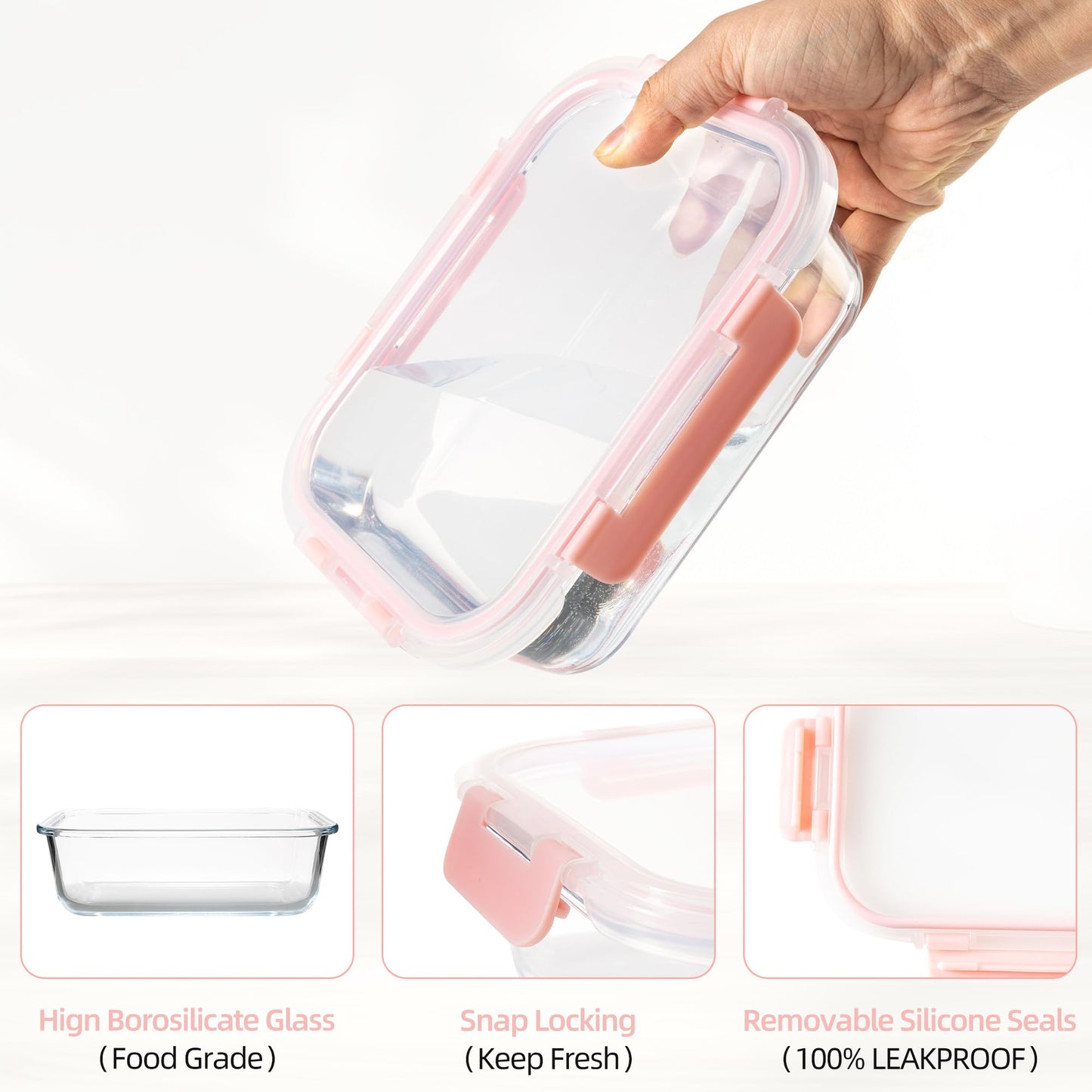 YARYOUNG 16PCS (8 Bowls + 8 Lids) High Borosilicate Glass Meal Prep Containers, Food Storage Containers with Airtight Lids, Glass Lunch Bento Boxes,Dishwasher Safe, pink