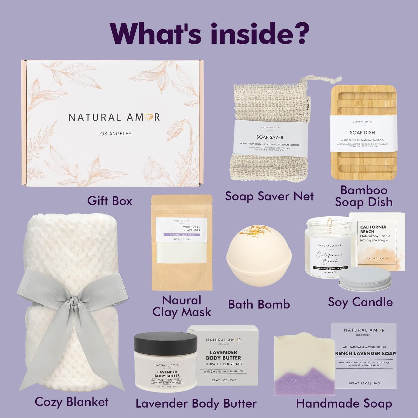 Natural Amor 8-Piece Spa Gift Set with Blanket – Self-Care Box with Lavender Body Butter, Soap, Candle – Blanket with Grey Ribbon Gift for Women, Birthday, Holiday