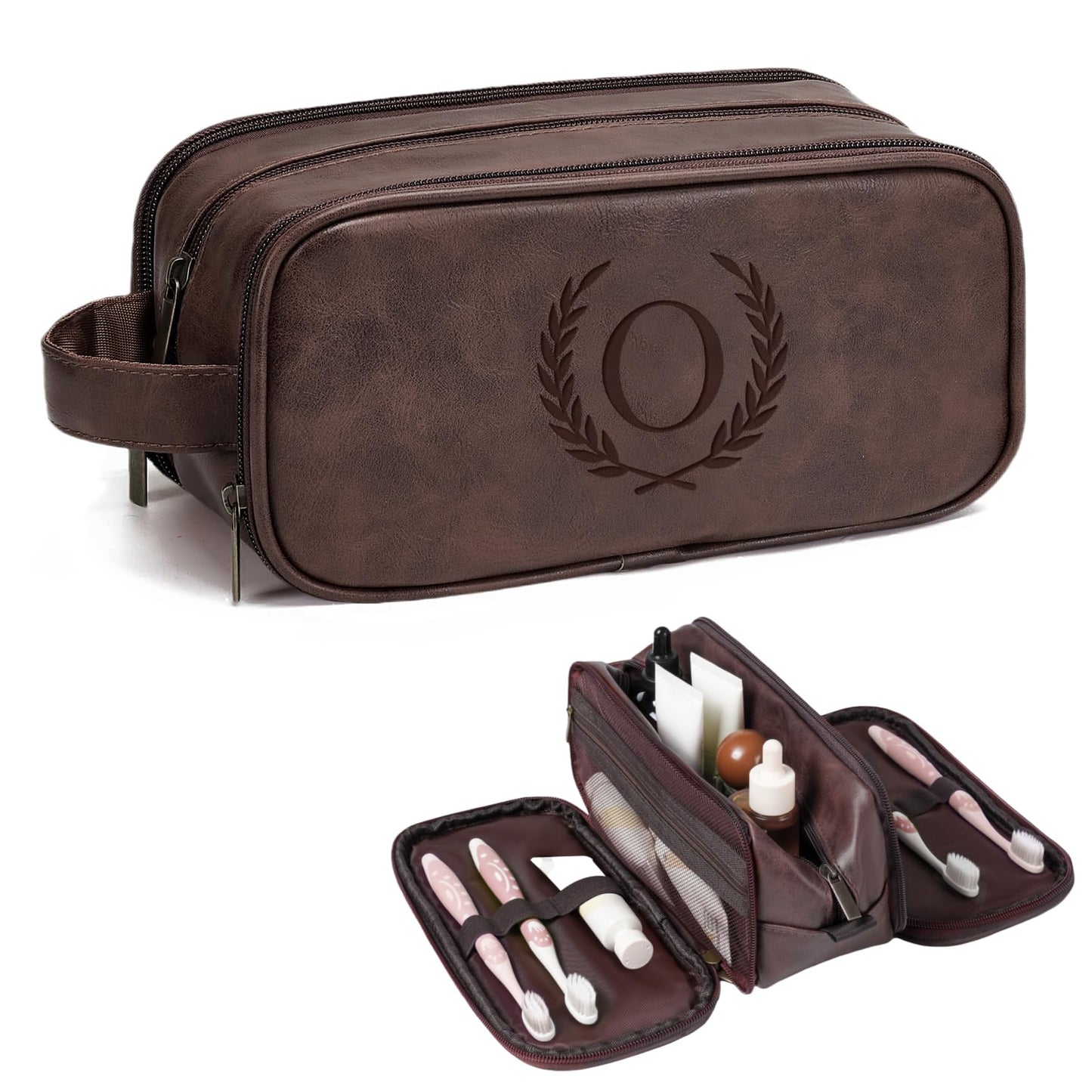 Janhavi Travel Essentials Toiletry Bag, Waterproof PU Leather Initials & Wheat, Groomsmen Gifts, Men's Accessories Organizer, Travel Bags for Men, Birthday Gift Box for Men (Medium, Dark Brown, O)