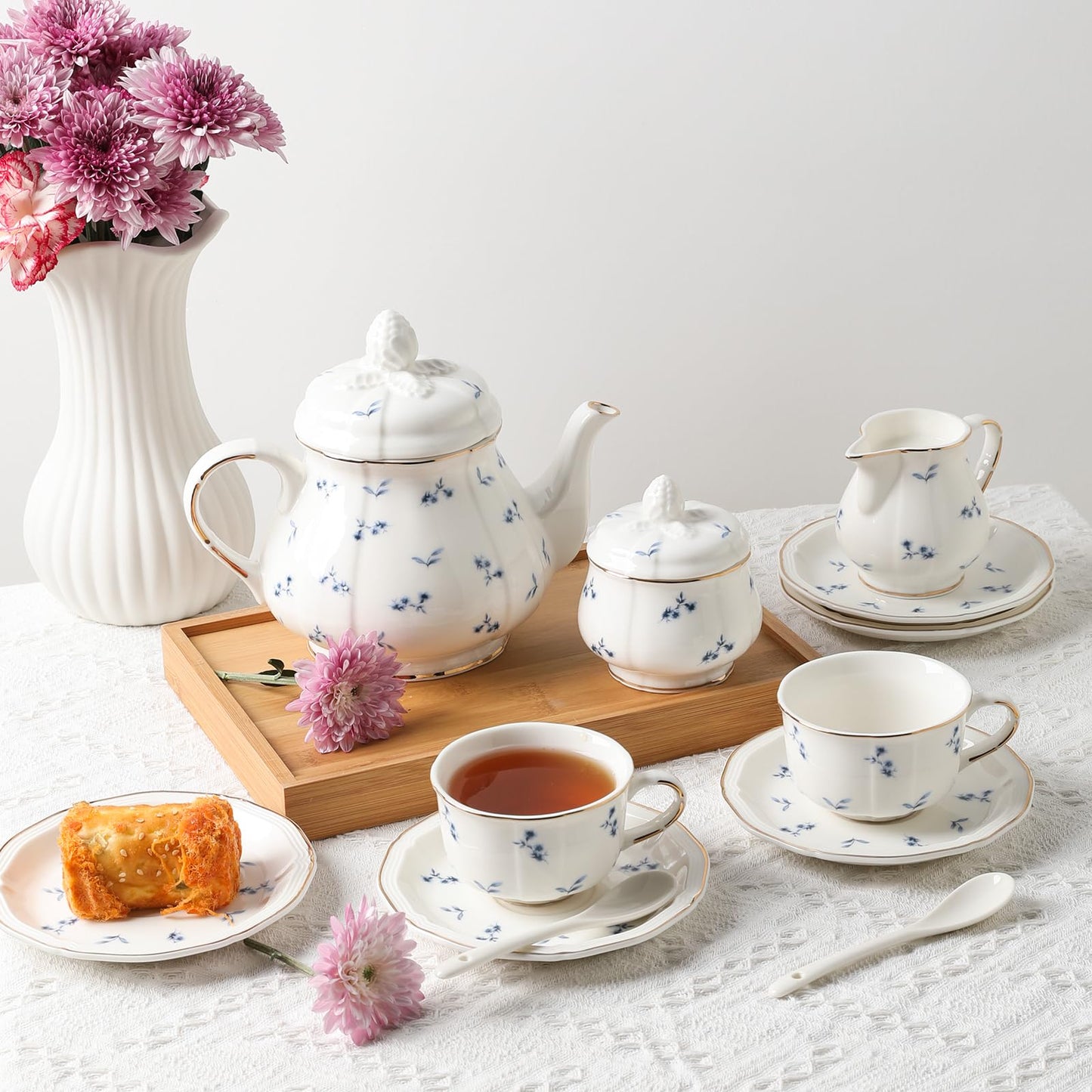 Sweejar 23 Pcs Floral Tea Sets with Metal Holder, Relief Gold Rim Porcelain Tea Sets for Adults, Cup and Saucer Set for 6, with Teapot, Sugar Bowl, Milk Jug, Spoons (Blue Flower)