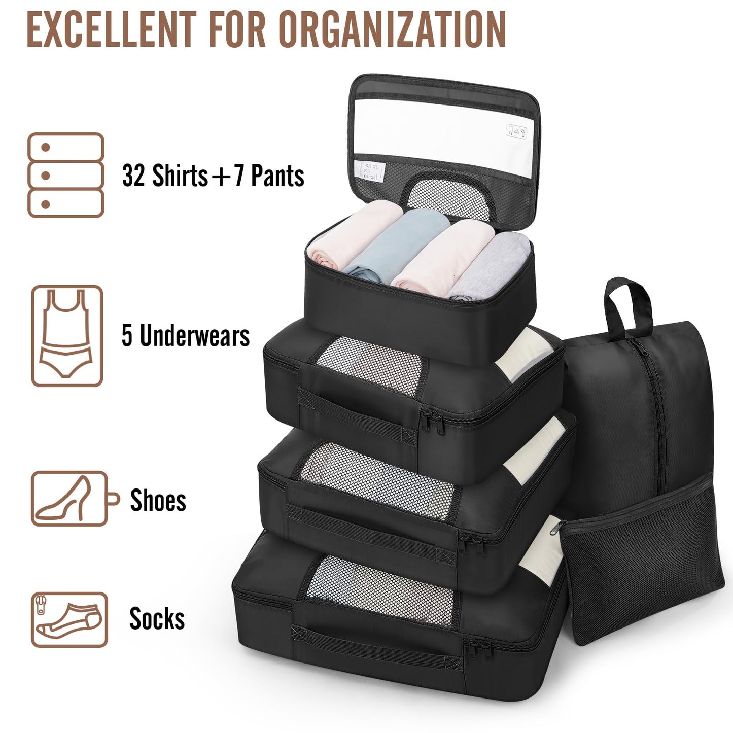 Veken 10 Set/8 Set Packing Cubes for Travel Essentials, Suitcase Organizer Bags in 4 Sizes, Carry-On Luggage Accessories with Laundry Bag & Passport Holder, Airplane Must Have, Camp Gifts for Men