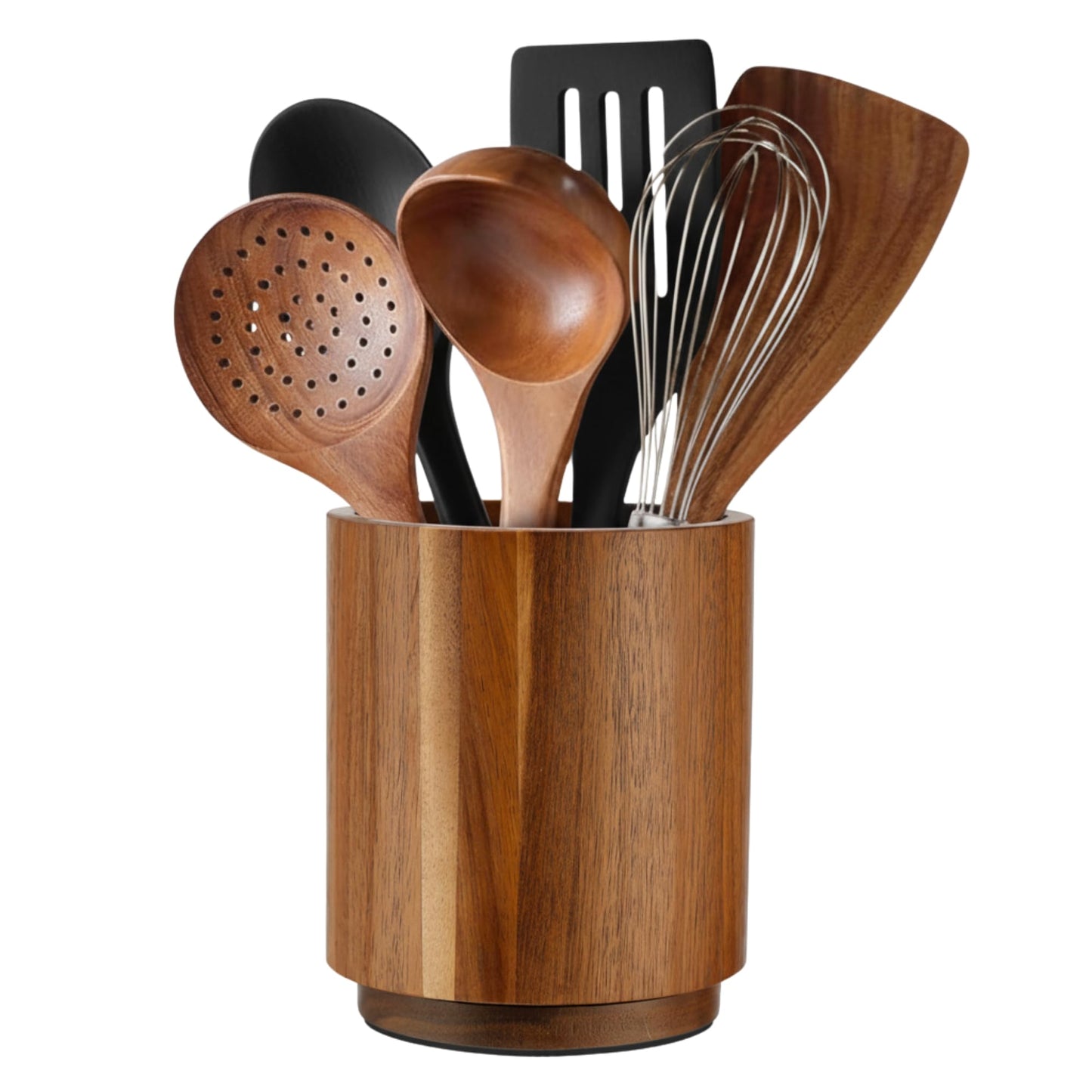 Linda's Essentials Acacia Wooden Utensil Holder for Kitchen Counter, 7.2" Wood Utensil Holder Counter, Kitchen Utensils Holder with 360° Rotation, Non-Slip Large Utensils Holders, Spatula Holders