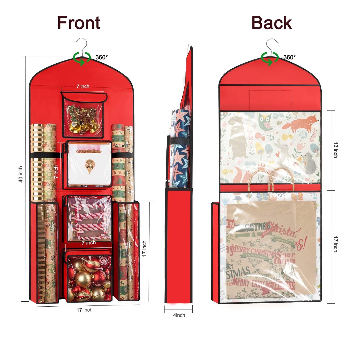 Woodoulogy Hanging Gift Wrapping Paper Storage, 40"X17" Red Double-Sided Christmas Wrapper Bag Container, Oxford Craft Roll Organizer, Present Wrap Holder for Bedroom Closet, Door, Cabinet