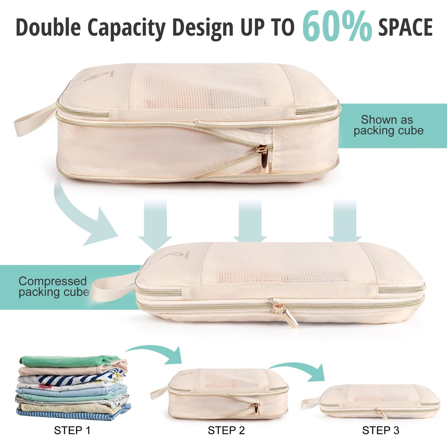 6 Set Compression Packing Cubes for Travel, Bunnychill Portable Zipper Packing Cube for Cloting, Expandable Space Saver Storage Luggage Organizer Bags for Suitcases(Beige)