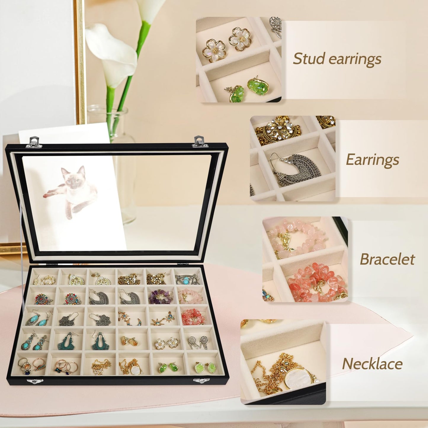 Stratalife Earring Organizer Jewelry Holder Organizer Drawer Earring Storage Jewelry Tray with Clear Lid Ring Box for Women Girls Anti Tarnish 30 Grid (Beige Black)