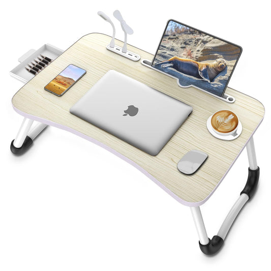 Zapuno Laptop Lap Desk, Foldable Laptop Table Tray with 4 USB Ports Storage Drawer and Cup Holder, Lap Bed Desk Notebook Stand Laptray Portable Standing Table for Bed Couch Floor