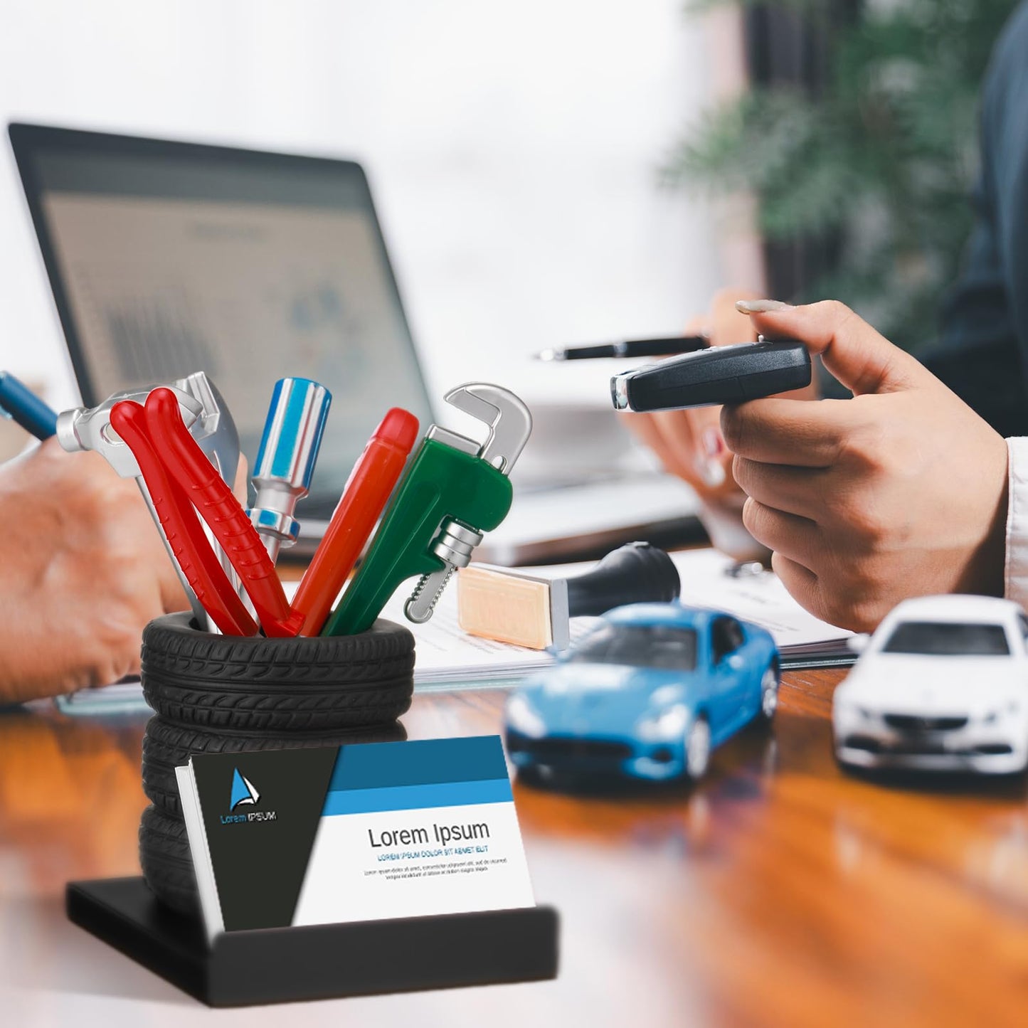 Fuyoooo 7 Pcs Tire Shape Stationery Set Tire Pen Holder Gift Business Card Holder Automotive Desk Organizer for Man Tool Wrench Pens Fun Office School Cool Mechanic Gifts Car Lover Sales Accessories
