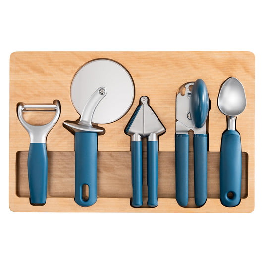 OOU Kitchen Gadget Set, 5 Piece Premium Zinc Alloy Kitchen Tools with Ergonomic TPE Handles – Includes Can Opener, Pizza Cutter, Garlic Press, Ice Cream Scoop, Peeler, and Wooden Storage Tray