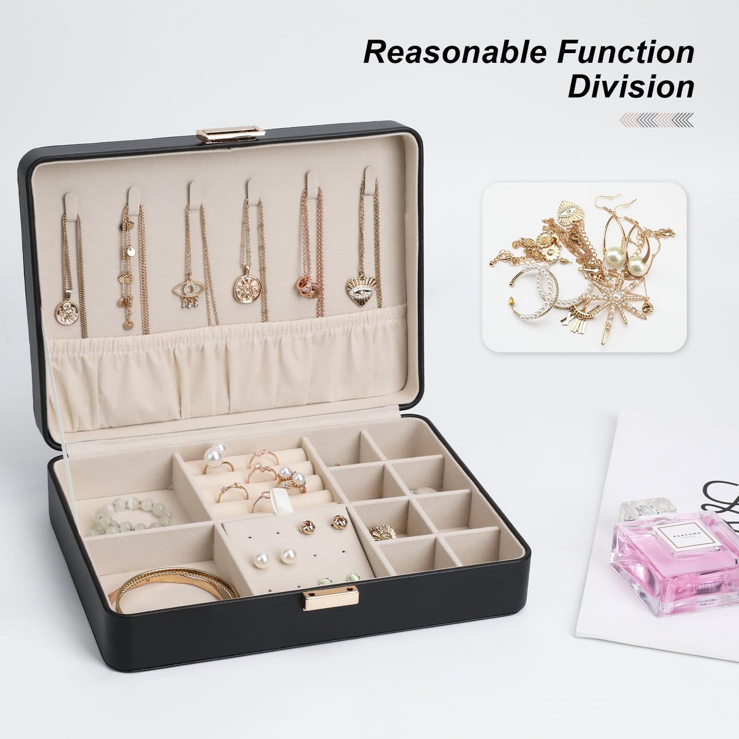 V-LAFUYLIFE Jewelry Box Travel Jewelry Organizer Case for Women | Portable Storage for Earrings, Necklaces, Rings, Bracelets Gift Ready Box Black
