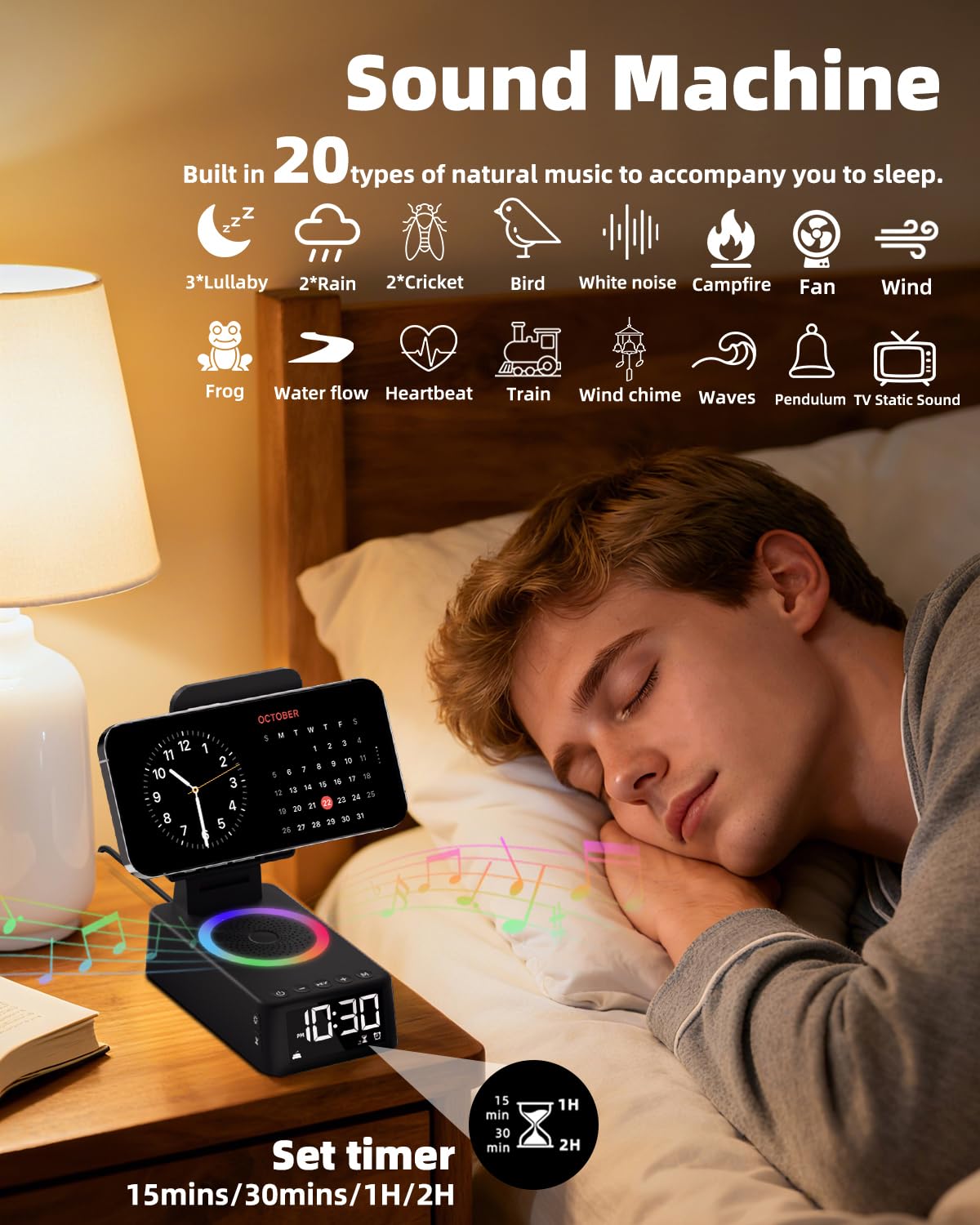 Caulikine Gifts for Men Women, Cell Phone Stand with Bluetooth Speaker,Sound Machine White Noise Machine with 20 Soothing Sounds,Ambient Light Portable Speaker Stand Birthday Gifts for Men,Women,Dad