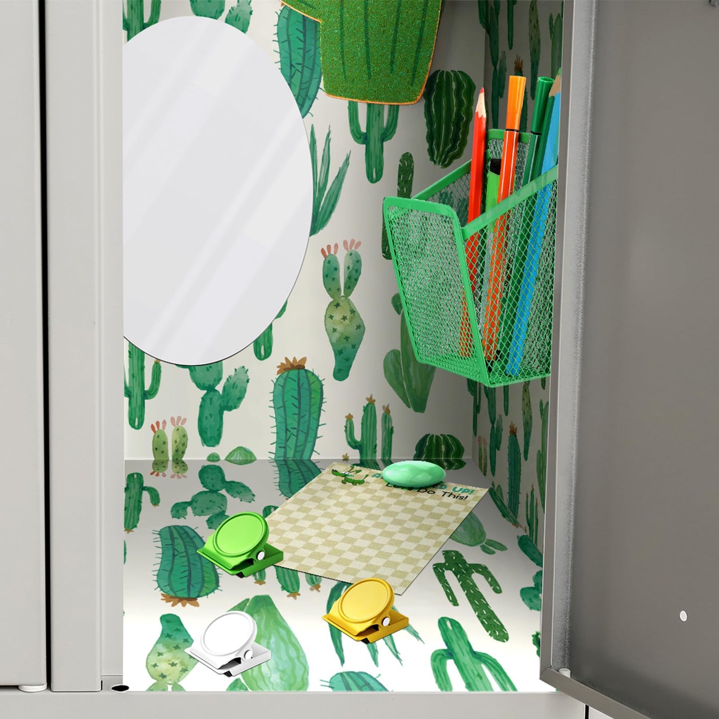 Harloon 15 Pcs Locker Decoration and Organizer Kit Locker Wallpaper Magnetic Pen Holder and Mirror Whiteboard Marker Cork Board with 3 Push Pins 3 Magnetic Clip 6 Magnets(Cactus)