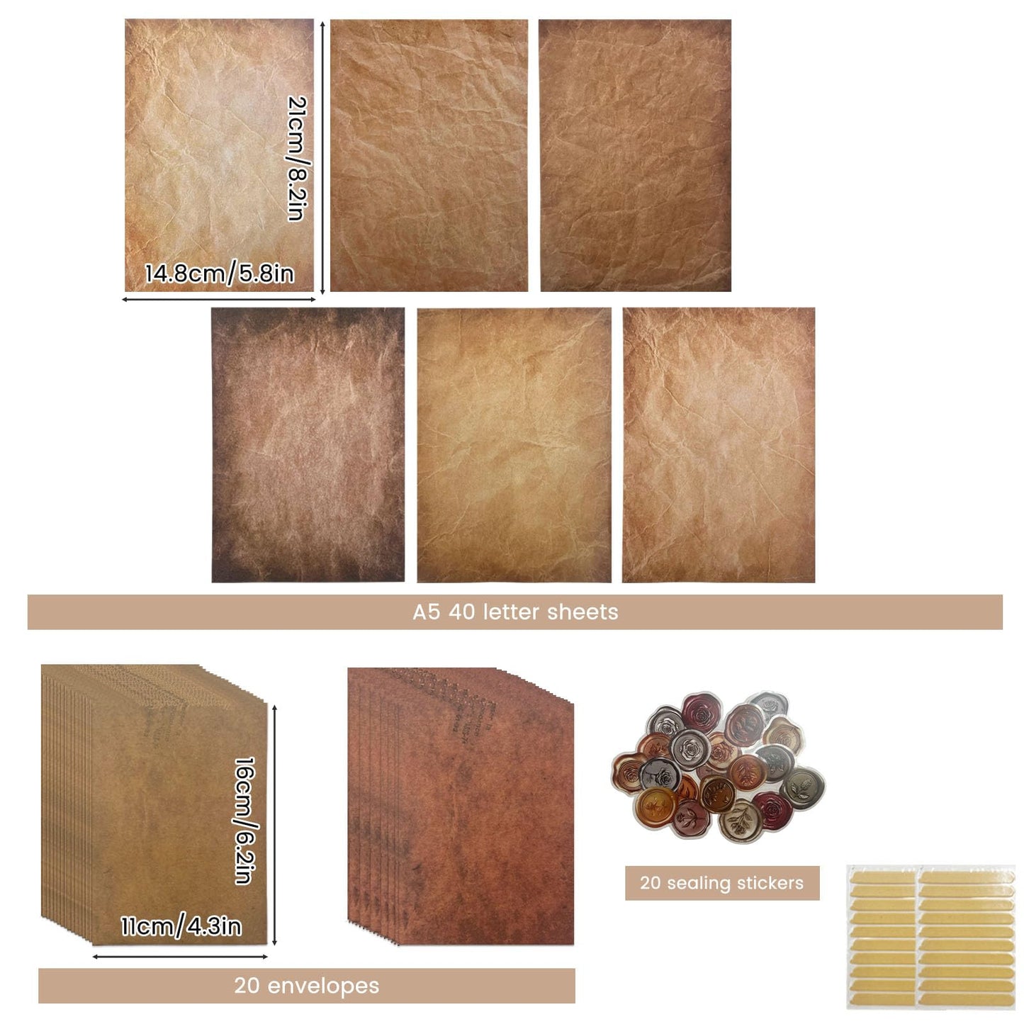 Daily Treasures 40Pcs Vintage Writing Paper and 20 Envelopes Set with 20 Wax Seal Stickers&Adhesive Strips,Unique A5 Stationary Paper and Envelopes Set for Gifts Wedding Birthday Greeting Card(100GSM)