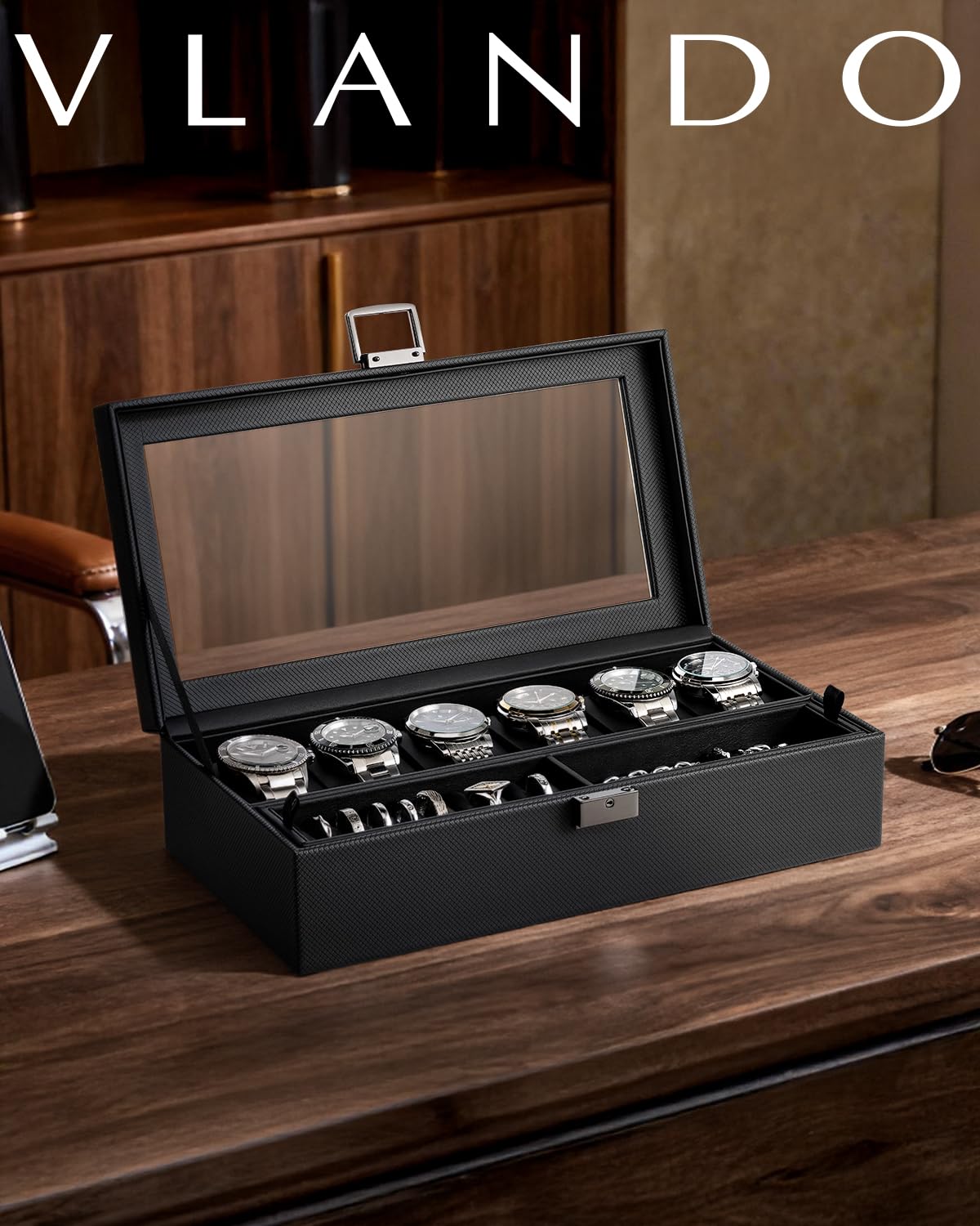 Vlando 6-Slot Watch Case for Men, Watch Box with Glass Lid, Storage for Rings, Keys, Business Textured Leather Organizer Display Case, Soft Pillow, Gifts for Fathers, Dad, Husband - Black
