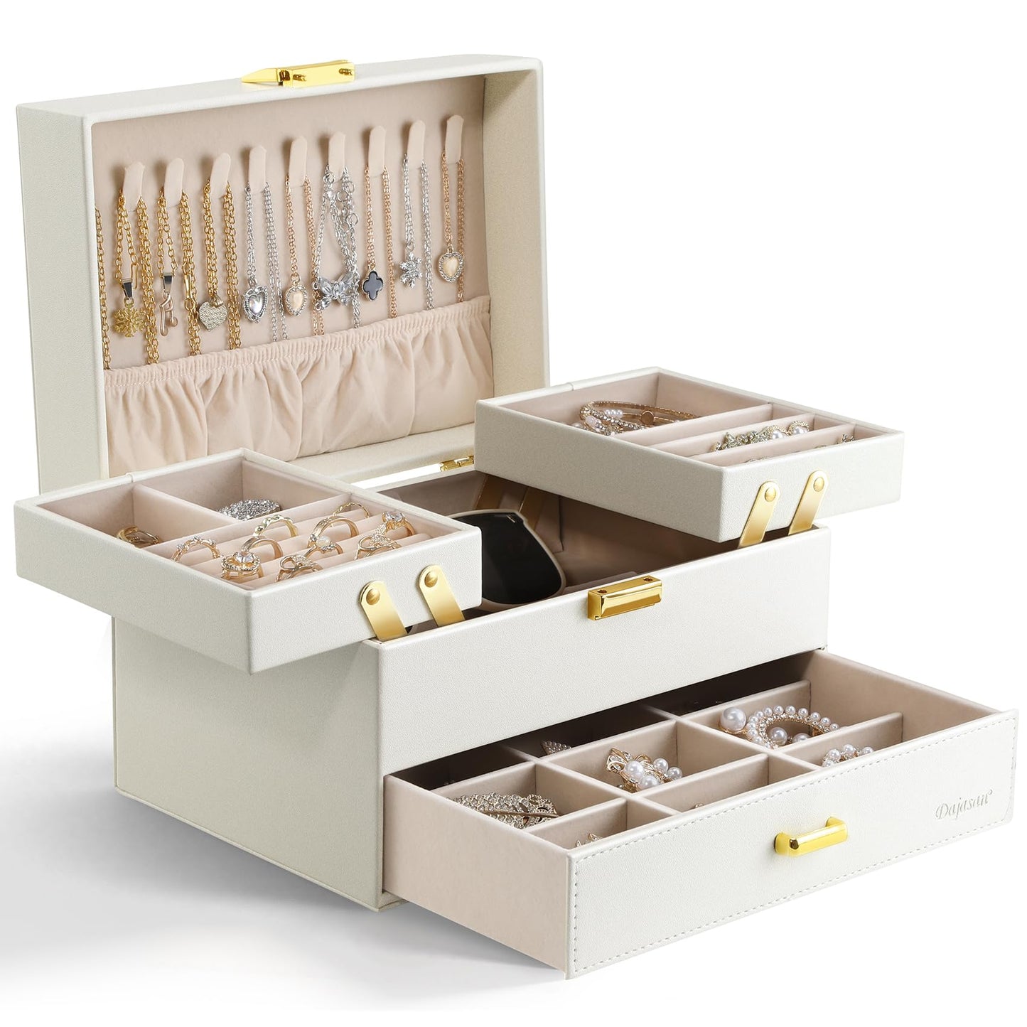 Dajasan Jewelry Organizer Box, Large Jewelry Boxes for Women Girls, Space-Saving 3 Layers Jewelry Storage Case with Drawer, Movable Metal Stand, Modern, Gift Idea (Cloud White + Gold)