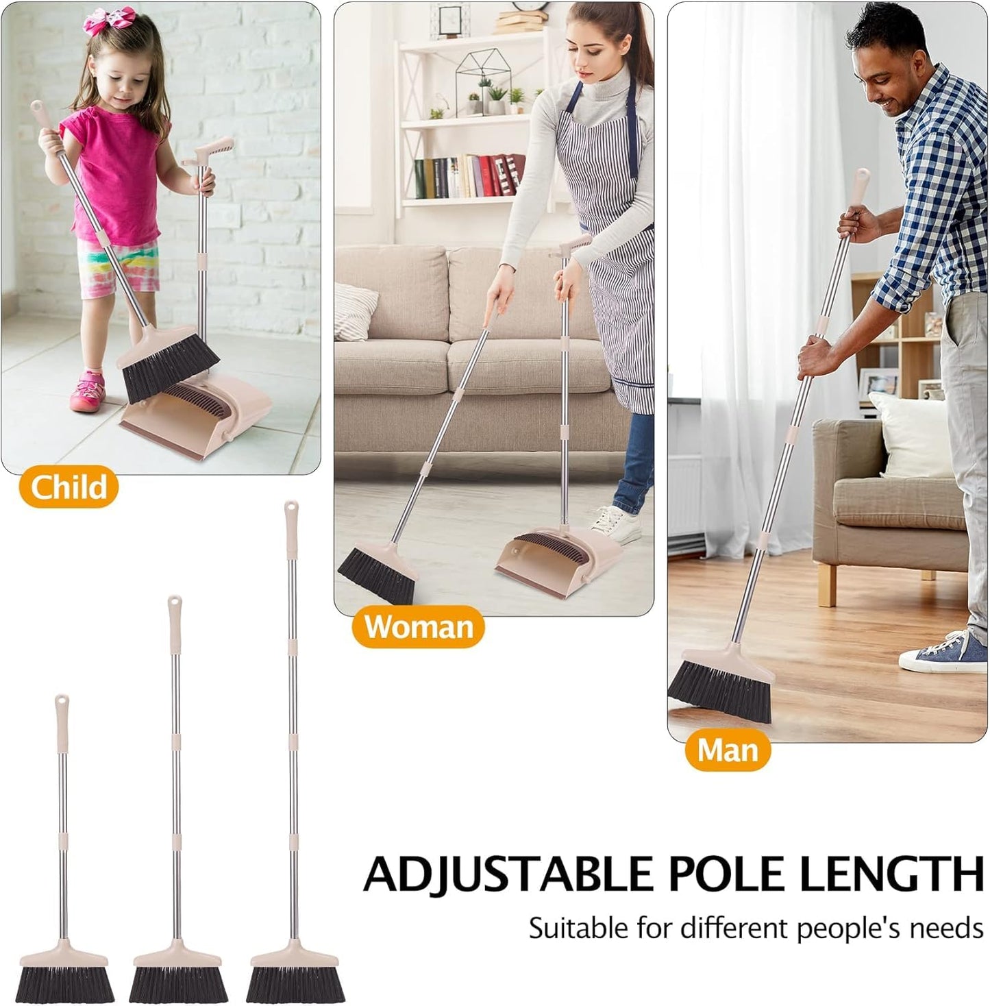 XXFLOWER Broom and Dustpan Set with Long Handle, Light Weight Stainless Steel Poles Stand Upright Dustpans with Broom Combo for Home Kitchen Office Pet Dog Hair, Brown & Beige Color, 1-Pack