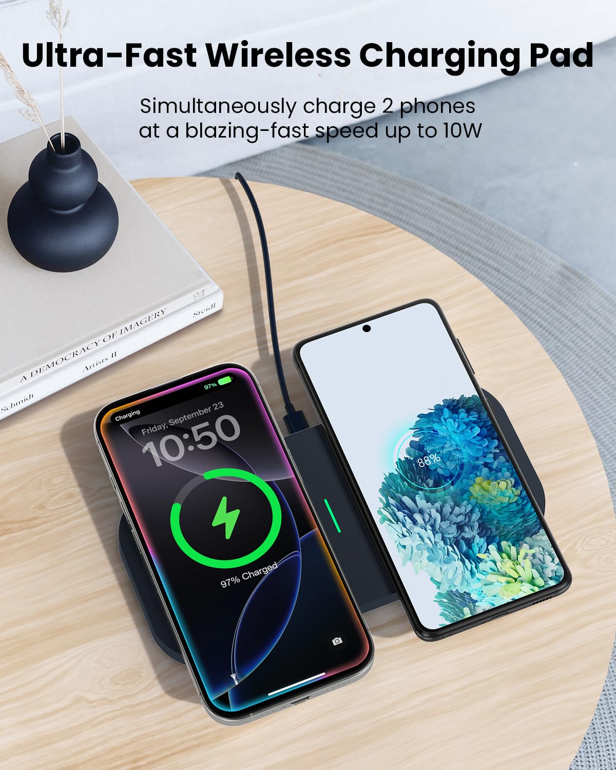 TAMOXI Wireless Charger, 10W Max Dual Charging Pad for iPhone 17/16/15/14/13/12/11/XR/X/8, Airpods 4/3/2/Pro, Samsung Galaxy S25/S24/S23/S22/S21, QC 24W Adapter, Charging Adapter