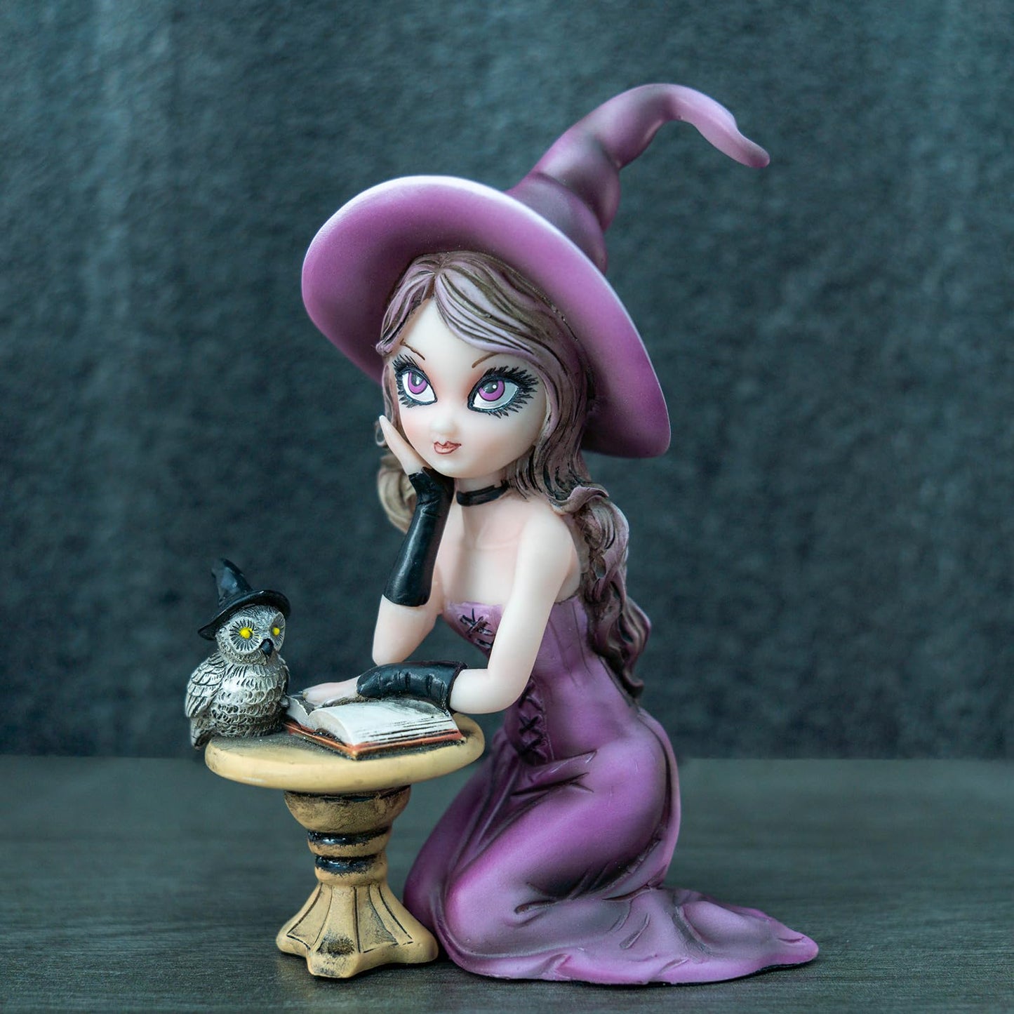 Mystical Purple Witch Resin Statue with Owl & Spell Book - Halloween Witchcraft Decor, Whimsical Gothic Home Accent, Fantasy Collectible Figurine for Desk, Shelf & Office, Unique Wiccan Altar Decor