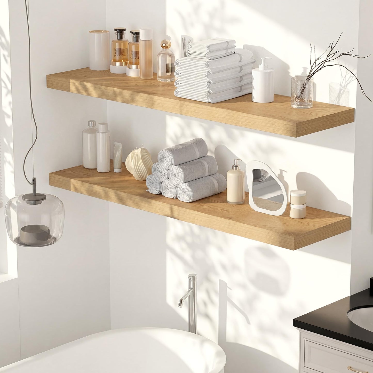 Heimlove 24 x 12 Inch Deep Floating Shelves Wall Mounted with Invisible Brackets,Storage Hanging Shelf for Wall Decor in Bathroom, Bedroom, Toilet, Kitchen, Living Room, Office Set of 1 (Oak)