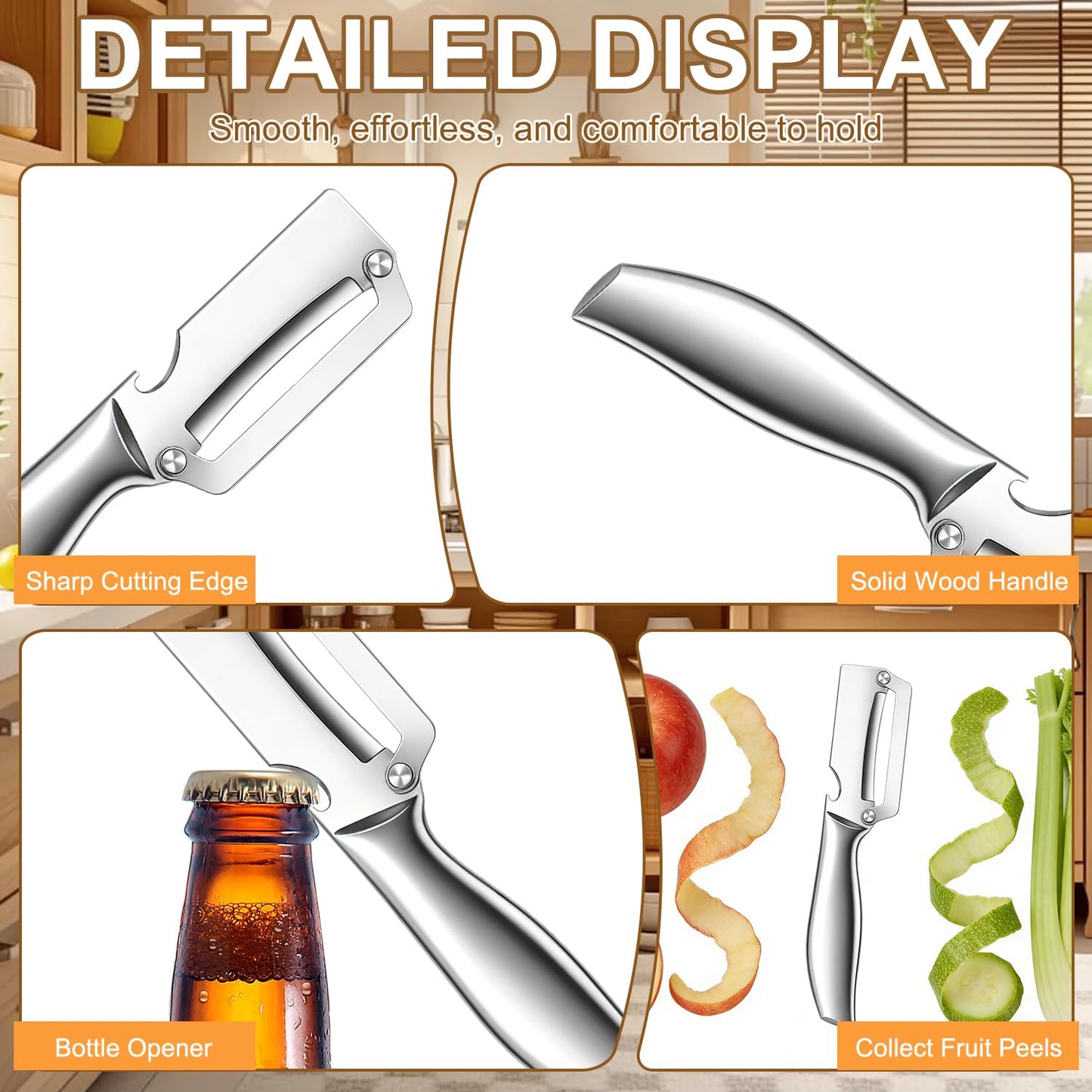 2Pc Multi-Functional Vegetable Peeler for Kitchen,2026 New Stainless Steel Peeler with Wooden Handle and Bottle Opener,2 in 1 Stainless Steel Kitchen Tool for Fruit Apple Potato Pumpkin Slicer(Sliver)