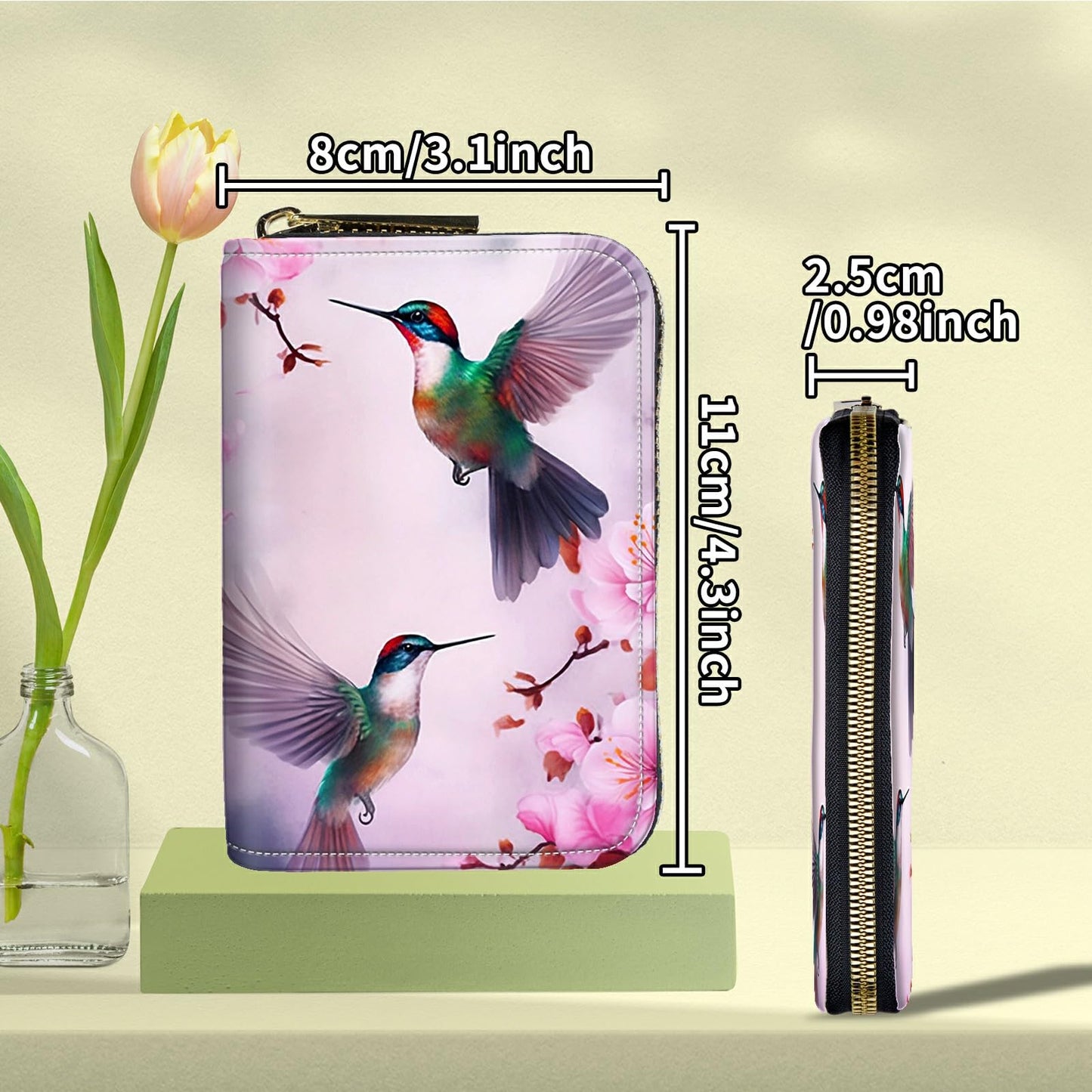 DIGTIALL Hummingbird Flower Credit Card Holder for Women with Zipper Small Credit Card Wallet PU Leather RFID Blocking Wallet Card Organizer Wallets Accordion Wallets Gift for Women or Men