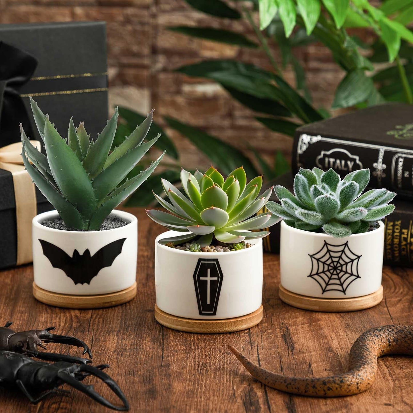 Jingmore 3 Pcs Decor Gift for Women Planter Ceramic Gift Animal Plant Pot with Bamboo Tray for Office Home Farm House Bathroom Kitchen Christmas Decorations (No Plants Included)(Gothic)