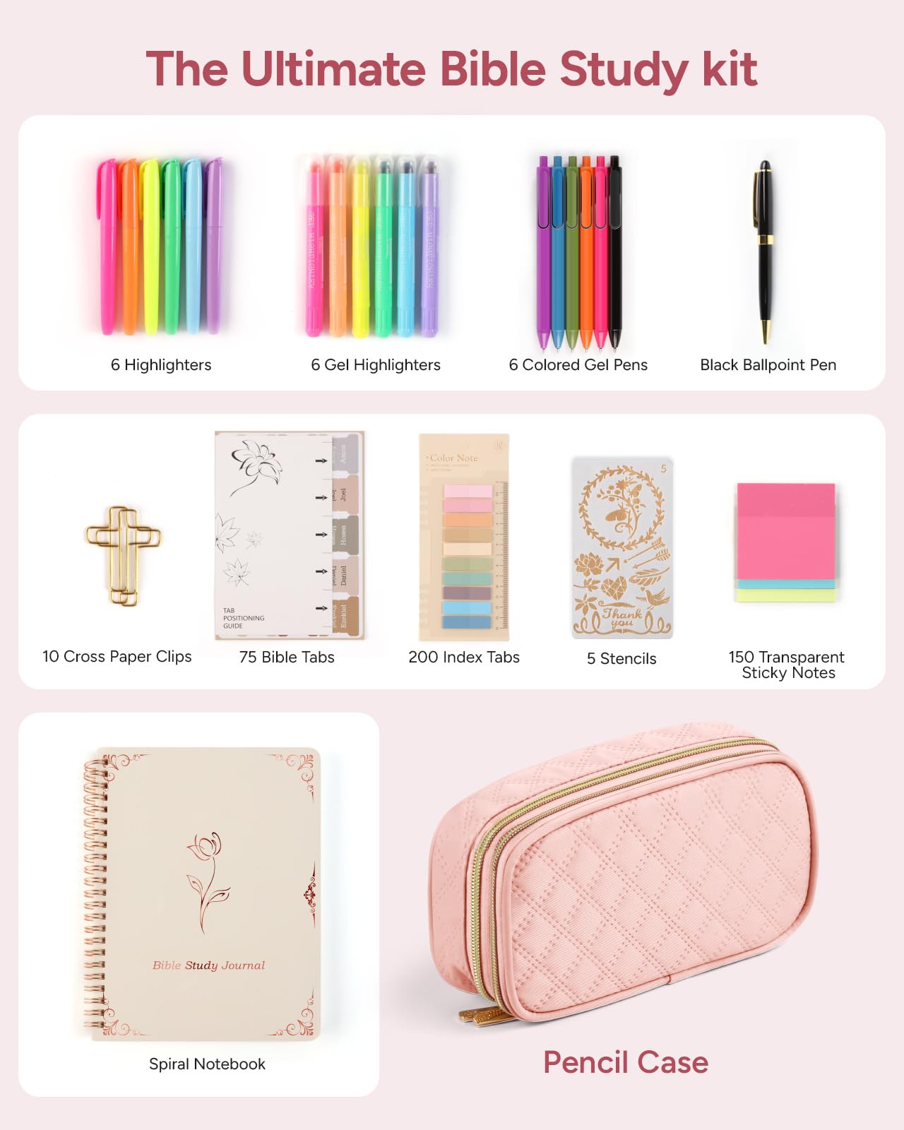 BellaHold Bible Study Kit for Women and Girls – 50PCS Journaling Supplies, 11 Bible Accessories, No-Bleed Highlighters, Pens, Bible Tabs, Large Pencil Case, Christian Gift (Light Pink)