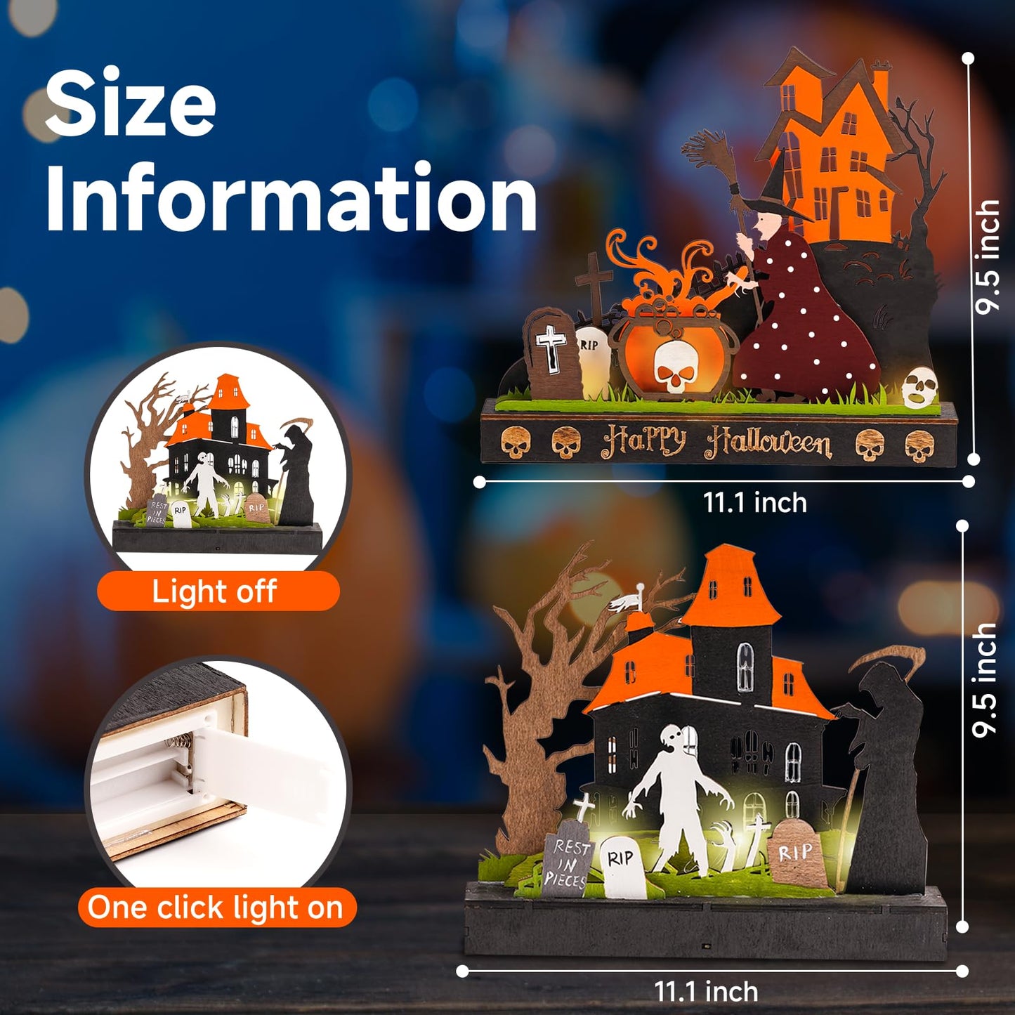 TrisolarSystem 2 Pieces Wooden Halloween Table Decorations Indoor, Festival Decoration Night Light, Witch Tombstone Castle Halloween Decor for Desk Table Fireplace Room Living Room Kitchen Office Bar