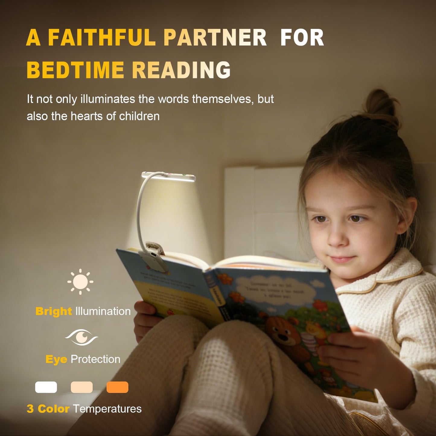 Hoxutym Rechargeable Kids Book Light 25 LEDs - Reading Light for Kids, Eye Caring 3 Colors & 5 Brightness Levels, Extended 1200mAh Battery, Gifts for Kids & Book Lovers (White Doodle)