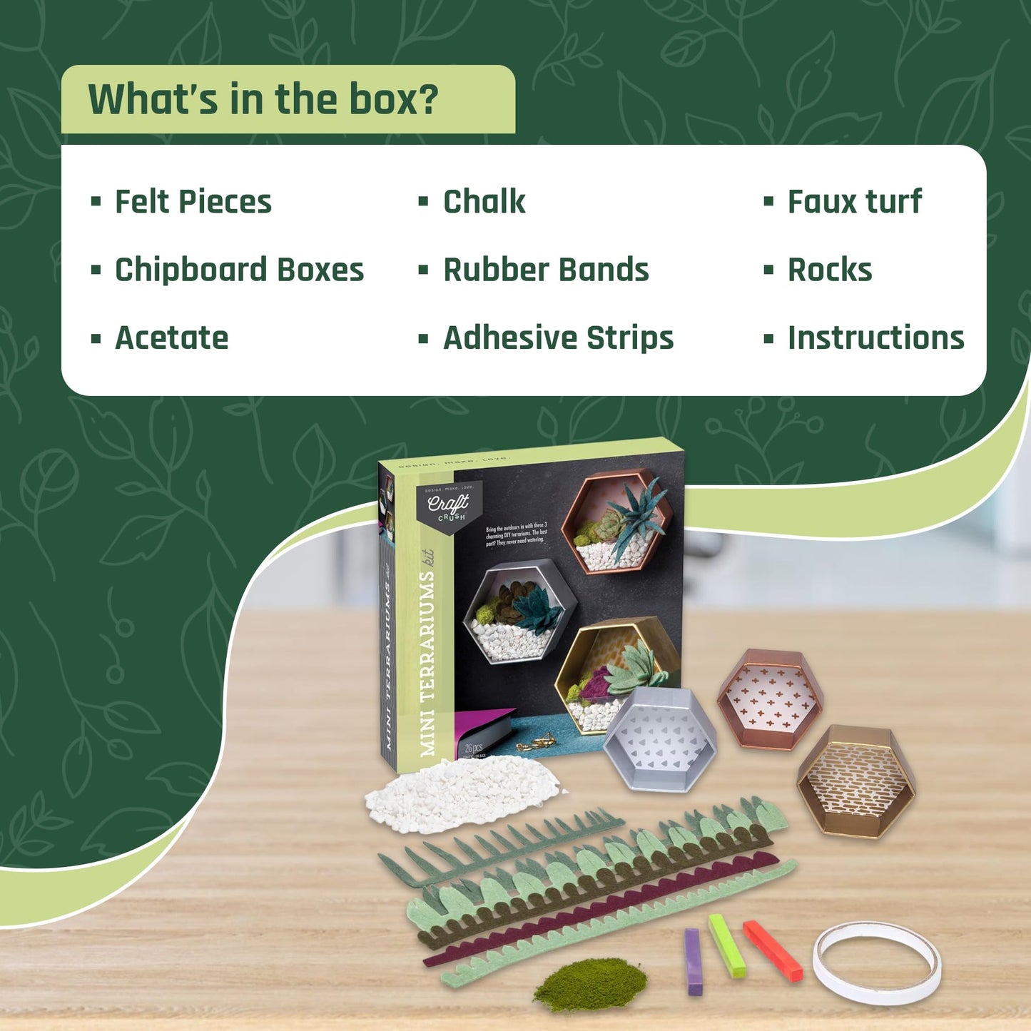 Craft Crush — Mini Plants Terrariums Easy Fun Arts and Craft Kit — Make 3 Charming Faux Terrariums! — For Ages 13 and Up