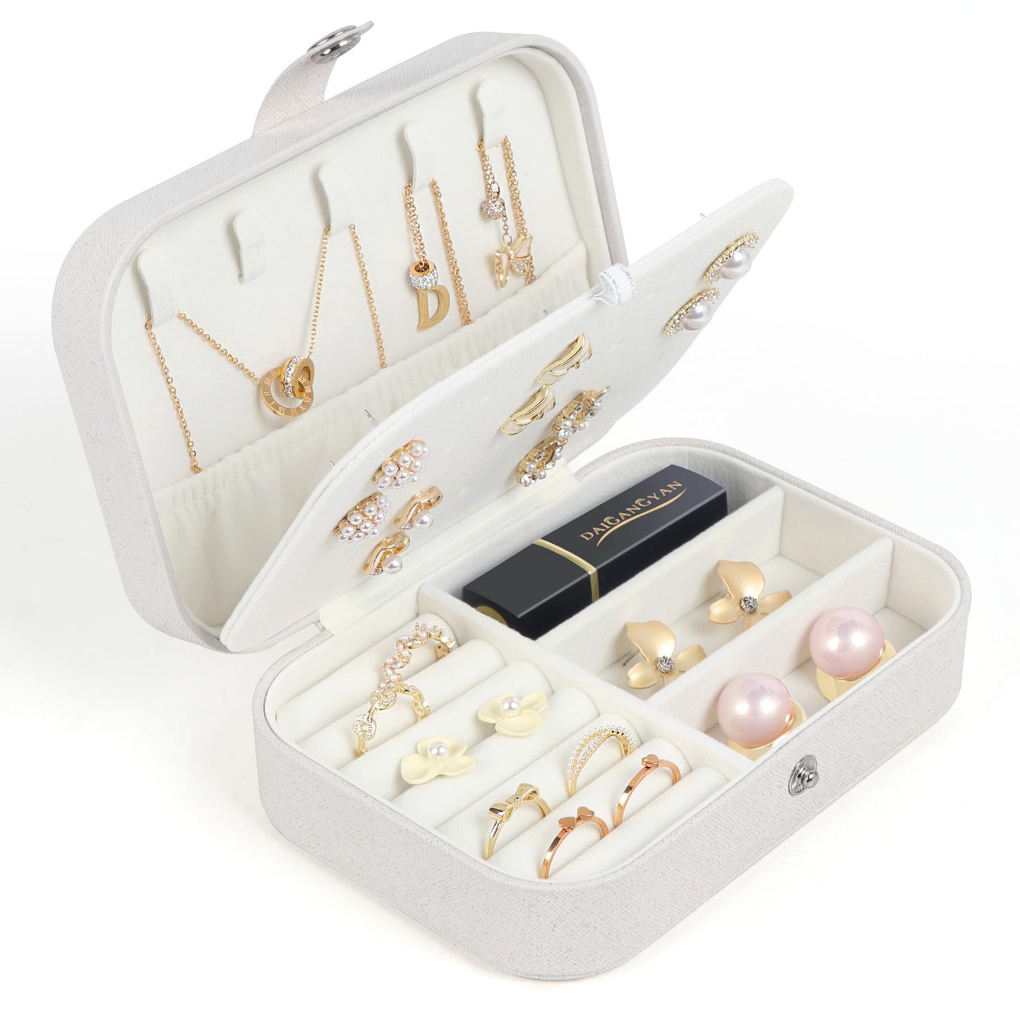 Travel Jewelry Box, Small Jewelry Organizer Boxes for Women Girls, 2 Layer Travel Jewlery Case, PU Leather Mini Portable Jewerly Storage Display Holder for Earrings, Ring, Necklaces, Bracelets - White