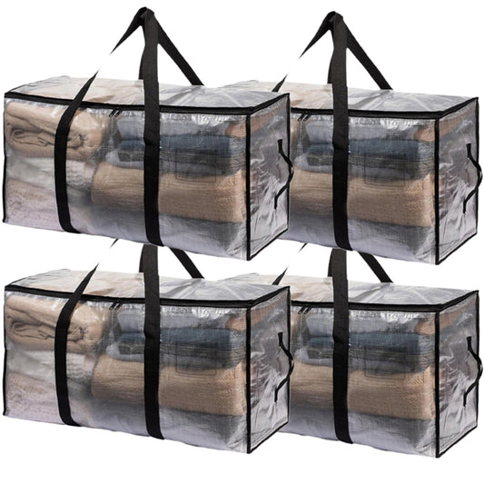 4-Packs Extra Large Heavy Duty Moving Bags, Waterproof Storage Totes with Handles & Zippers Storage Bags Totes for Clothes Packing, Dorms, College Supplies, Space Saving, Clear