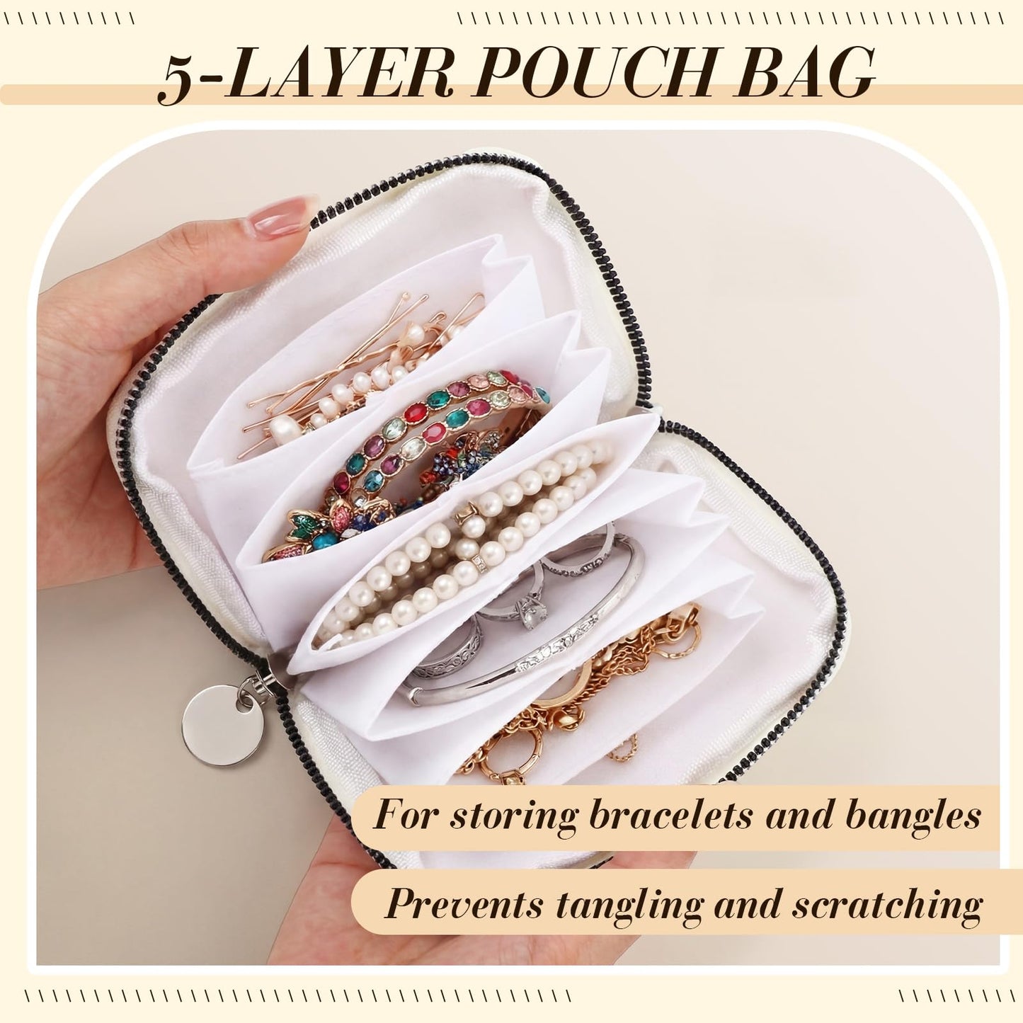 Sadnyy 2 Pcs Small Travel Jewelry Case for Women Jewelry Organizer Case for Travel 5-layer Velvet Zipper Pouch Bag for Bangles Link Bracelets Storage Protect from Tangle Scratch (White)