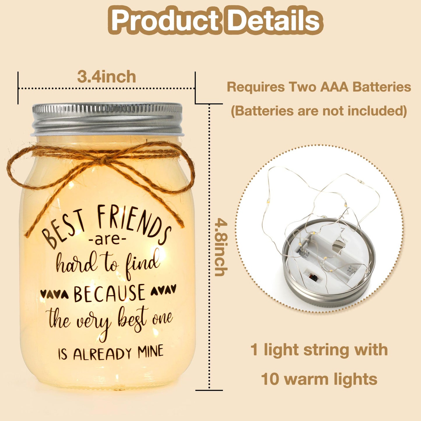 Friendship Gifts for Friend - Mason Jar Night Lights with 10 Warm Lights, Women Birthday Gift for Best Friends, BFF, Bestie Christmas Gift Idea