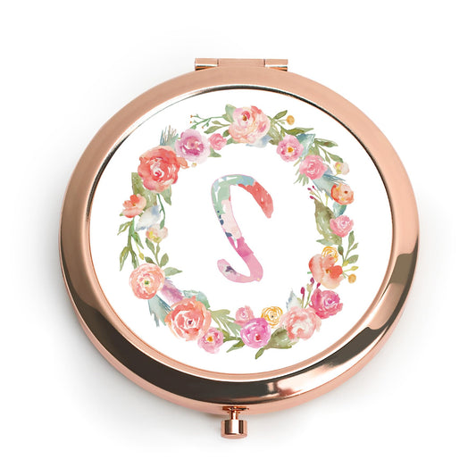 QUSTGO Personalized Gift for Women Girls Her, Custom Gifts for Adult Teen, Floral Monogram Alphabet Initial Compact Mirror for Birthday, Graduation, Mothers Day, Basket Stuffers
