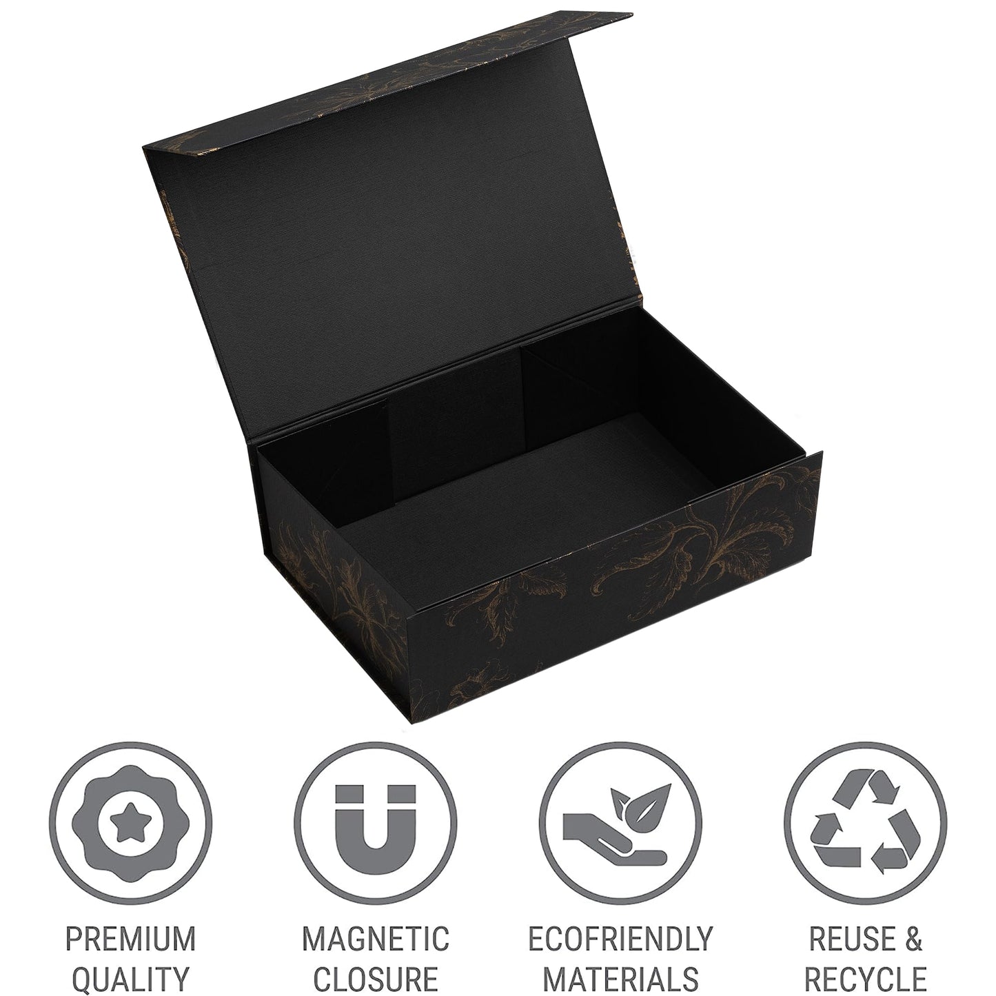 Sorarto Luxury Keepsake Gift Box | Black Gold Floral Decorative Boxes with Magnetic Lids for Presents, Wedding Memory Box, and Bridal Gifts. 11.5" x 7.5" x 3.5"