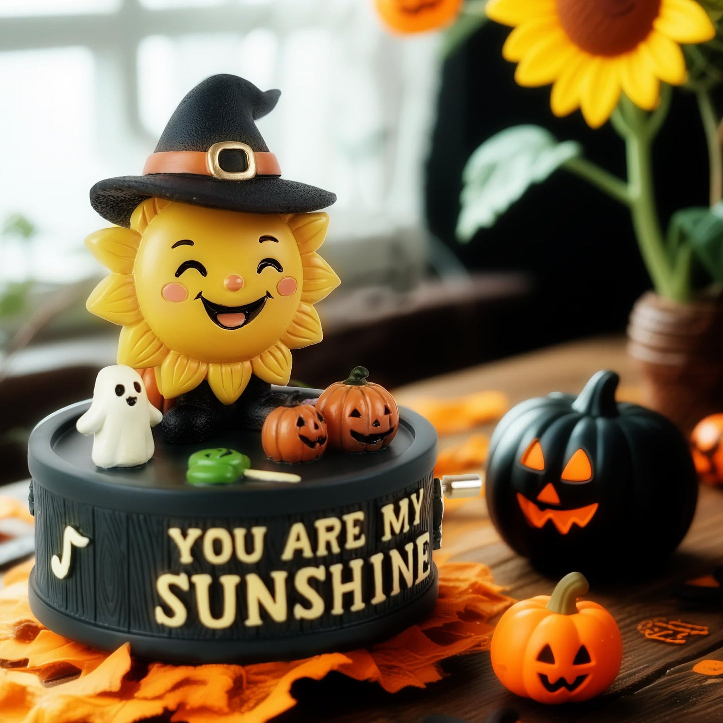 You are My Sunshine Halloween Music Box – Hand-Crank Resin Figurine, Cute Sunflower Pumpkin Theme Gift for Her, Kids & Home Décor, Seasonal Yet Timeless Keepsake