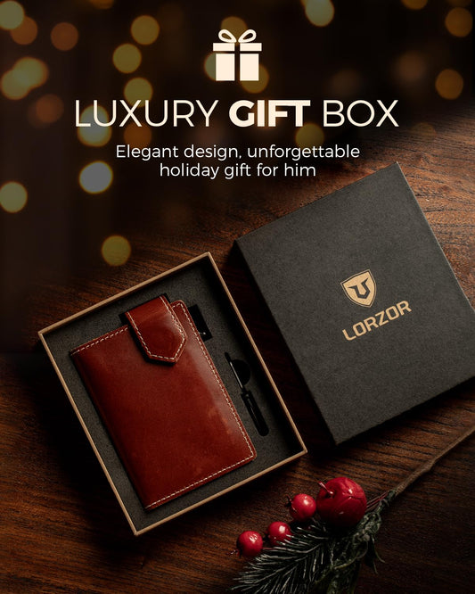 LORZOR Slim Wallet for Men with Security Latch, Pop Up Metal Card Holder Wallet, Finest Full Grain Leather Bifold Wallets, Smart, Minimalist, RFID Blocking, Front Pocket, ID Window