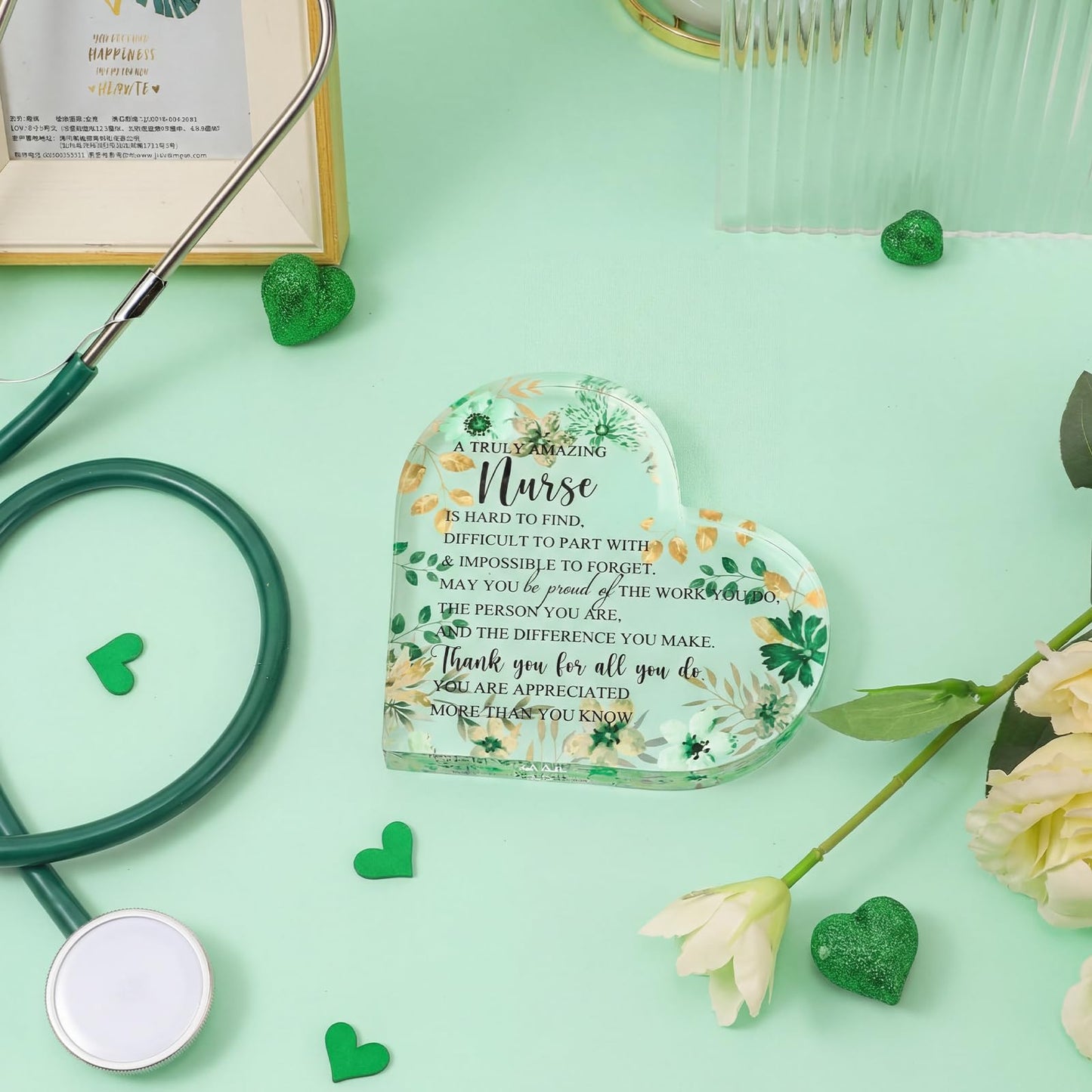 Kathfly Nurse Appreciation Gift for Women, Floral Inspirational Acrylic Sign Prize Thank You Nurse Week for Graduation, Hospital Practitioner Gift for Women Teacher Table Desk Decor(Heart,Green)