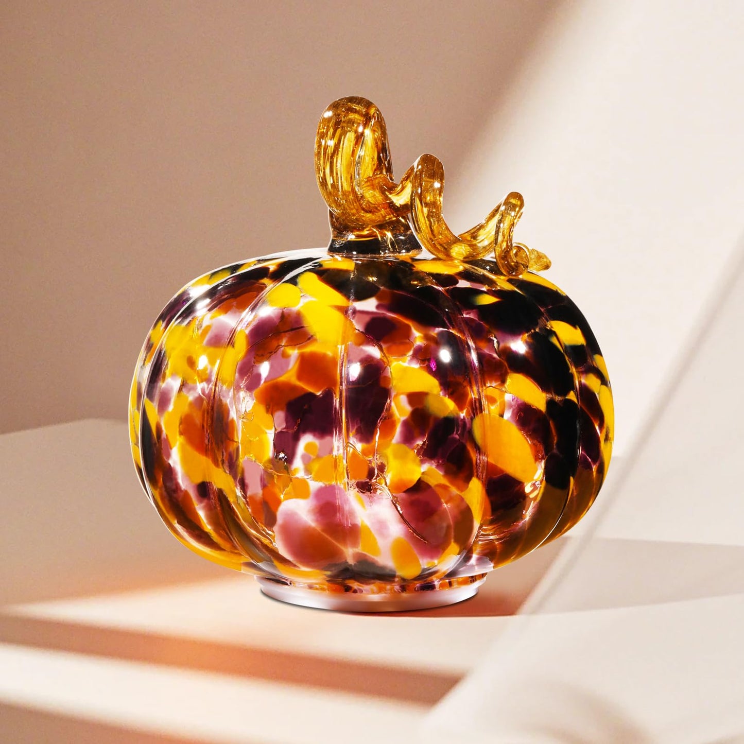 Naboher Handcrafted Glass Pumpkin with Warm LED Lights - Halloween & Thanksgiving Decor, Gift-Worthy Fall Home Decoration, 5.9-Inch Light-Up Tabletop Centerpiece (Vine Orange and Purple)