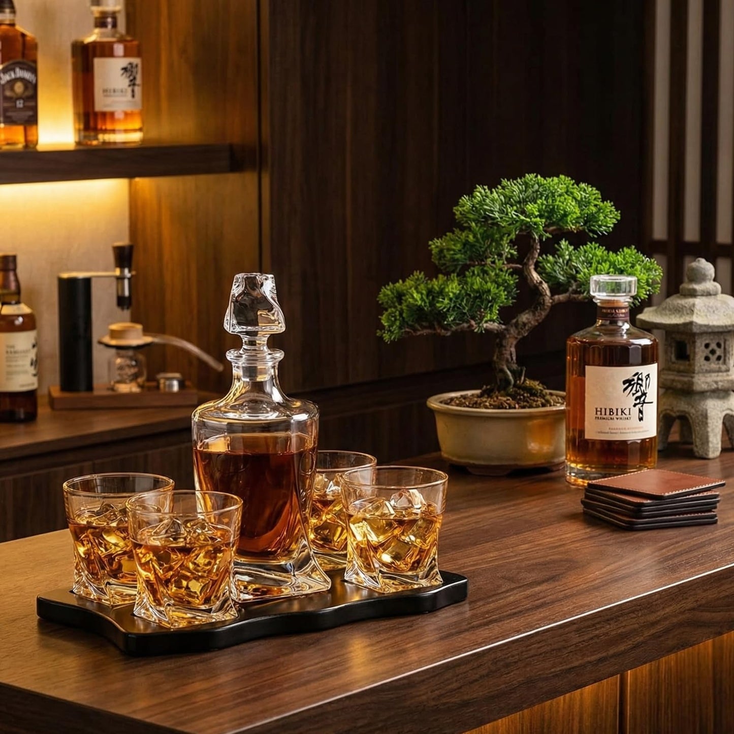 Ember Japanese Crystal Whisky Decanter Set with 4 Tumbler Glasses, Lead-Free Liquor Carafe & 10oz Rocks Glasses - Scotch Bourbon, Spirits & Wood Base Elegant Barware Gift for Men, Japan Design Gifts