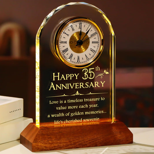 YWHL 35th Wedding Anniversary Clock Gifts for Couple, 35 Years for Wife Husband, Table Clock Glass Presents with Wooden Light Base for HomeDecoration (Battery not Included)