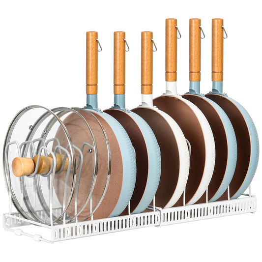 ROOHUA Pot Rack Organizer -Expandable Pot and Pan Organizer for Cabinet,Pot Lid Organizer Holder with 10 Adjustable Compartment for Kitchen Cabinet Cookware Baking Frying Rack