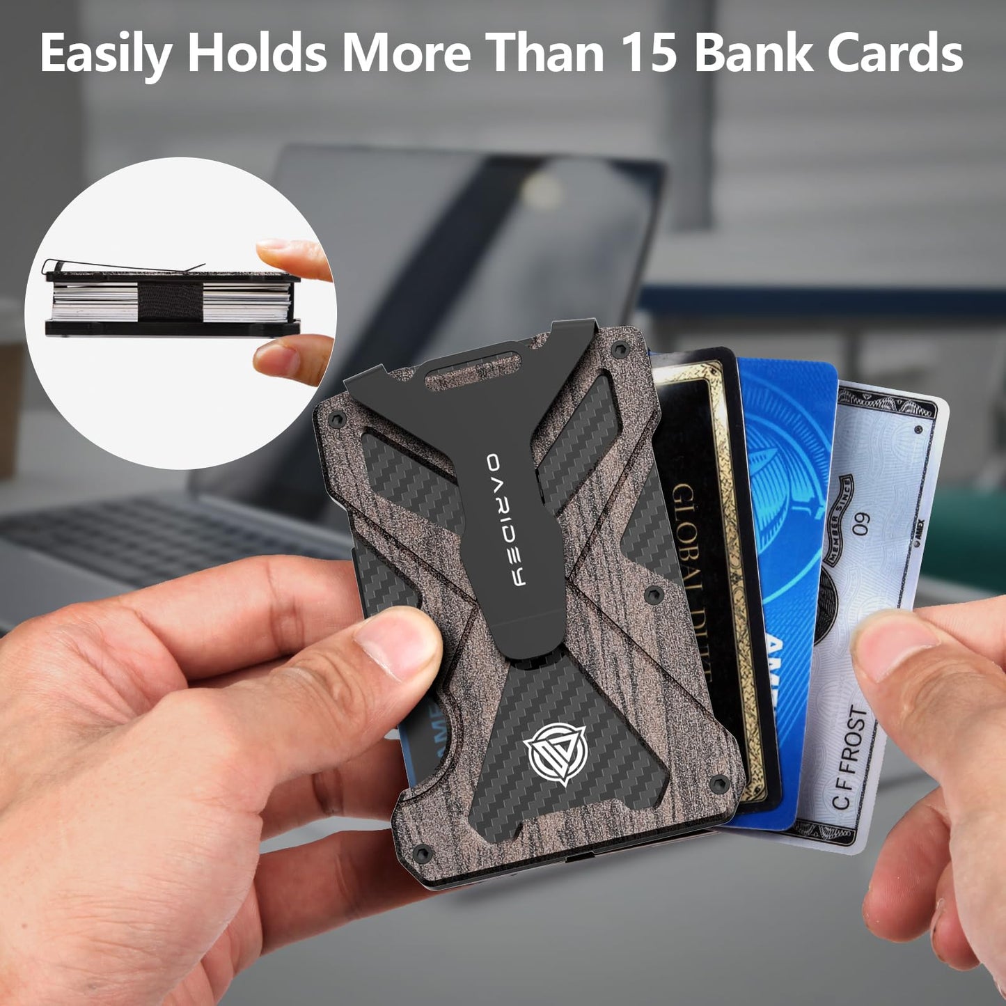 Minimalist Wallet for Men- Slim Aluminum Metal Money Clip Wallet with Clear ID Card Holder, Carbon Fiber Wallet, RFID Blocking,Holds up 15 Cards with Cash Clip,Ultra-Thin Tactical Wallet - Walnut Wood
