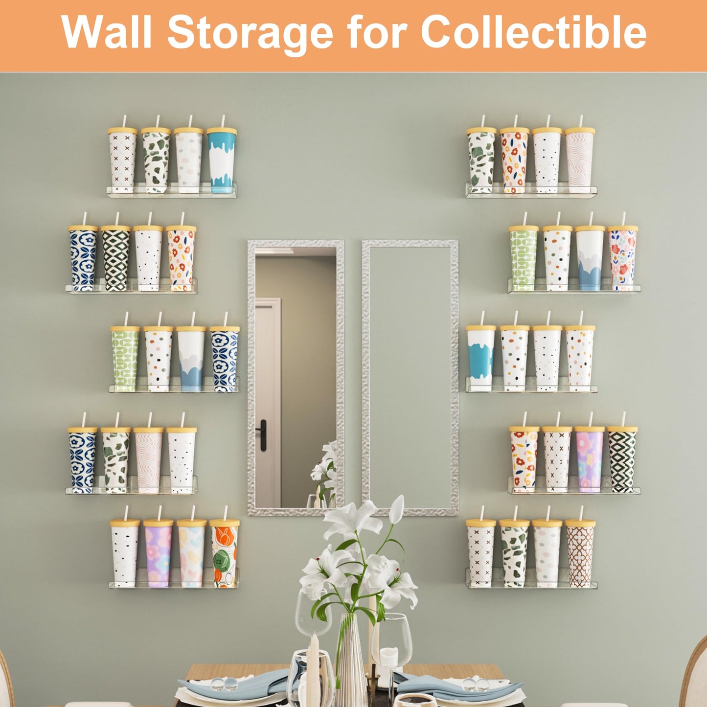 upsimples 10 Pack Acrylic Shelves Wall Organizer and Storage, 15" Display Shelf for Figure, Toy Cars, Perfume, Kids Bookshelf for Bedroom, Nursery, Craft Room, Clear