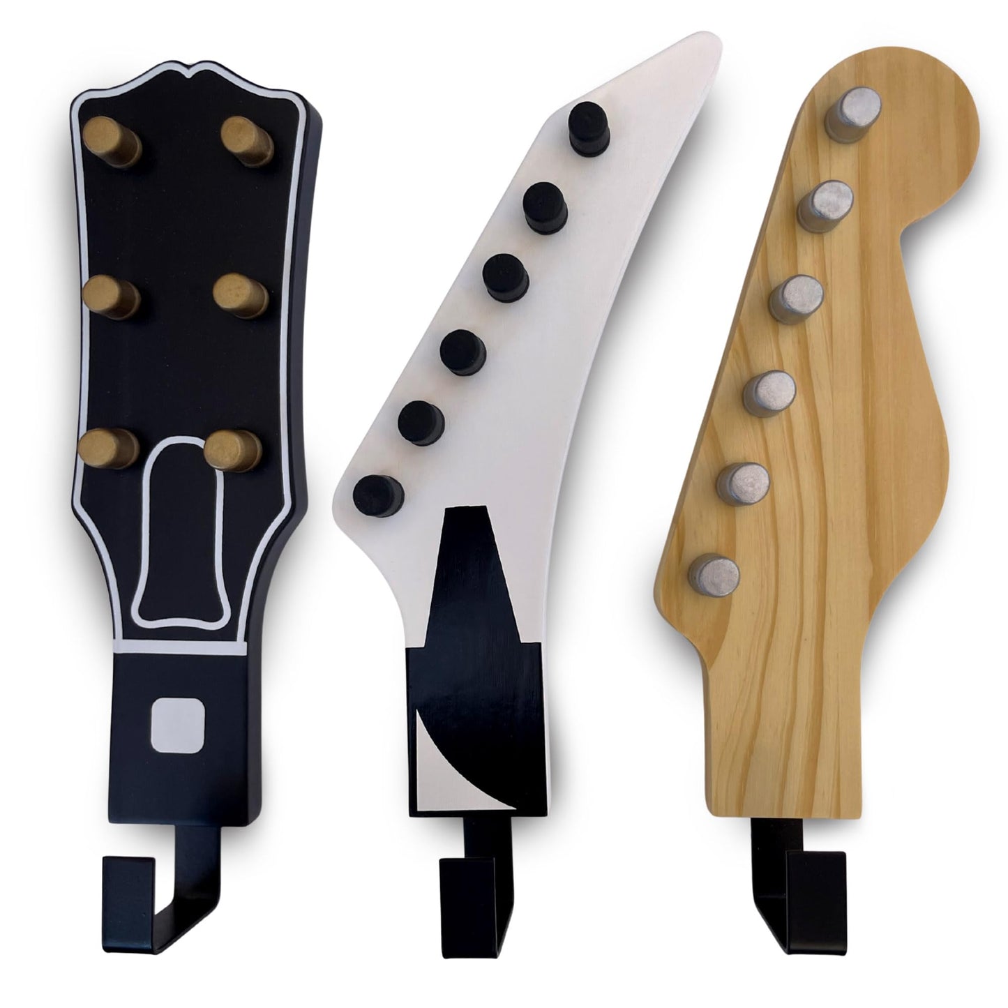 Rise8 Studios Headstock Hangers (Set of 3) | Real Wood 1:1 Scale Guitar Headstock Wall Hooks | Heavy Duty Decorative Coat Rack for Musicians, Home & Music Room Decor | Holds up to 20 lbs