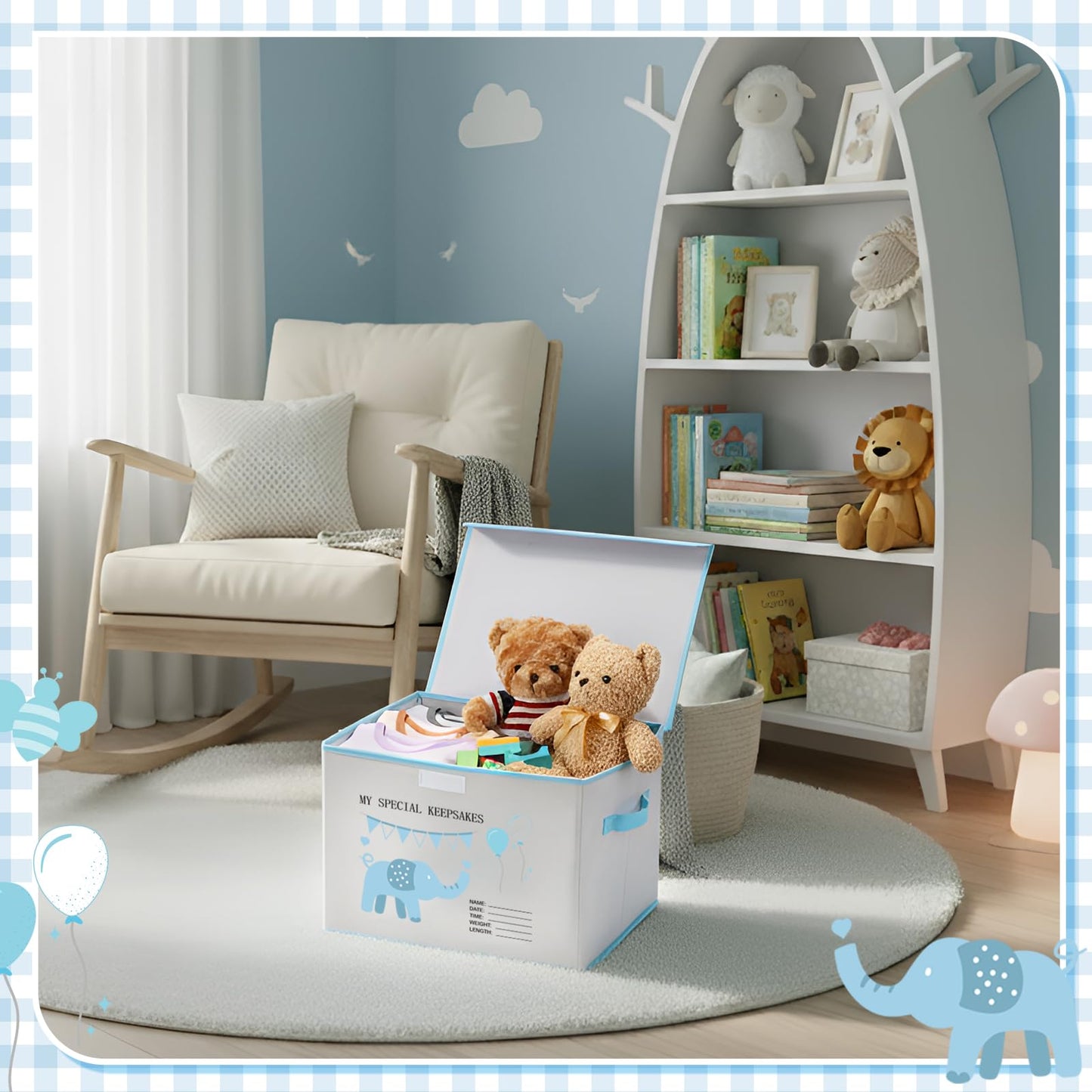 LemonRoad Baby Memory Keepsake Box 16x12x12inch Baby Shower Elephant First Keepsake Box New Parent Newborn Baptismal Birthday Gift for Mementos Travel Loved Ones Treasured Keepsakes(Blue)