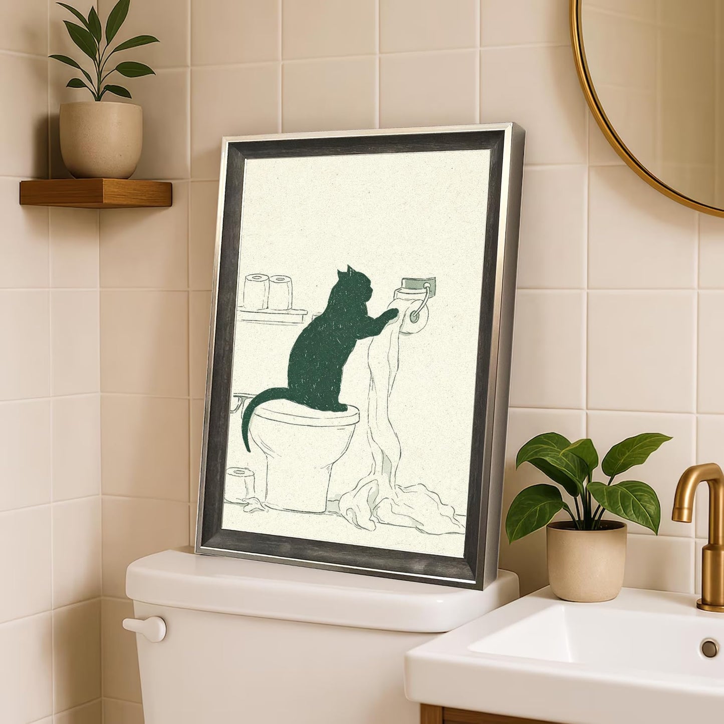 Framed Funny Cat Bathroom Wall Art Minimal Black Cat Toilet Paper Sketch Line Drawing Canvas Print Humorous Decor for Bathroom Guest Toilet Ready to Hang 12inx16in